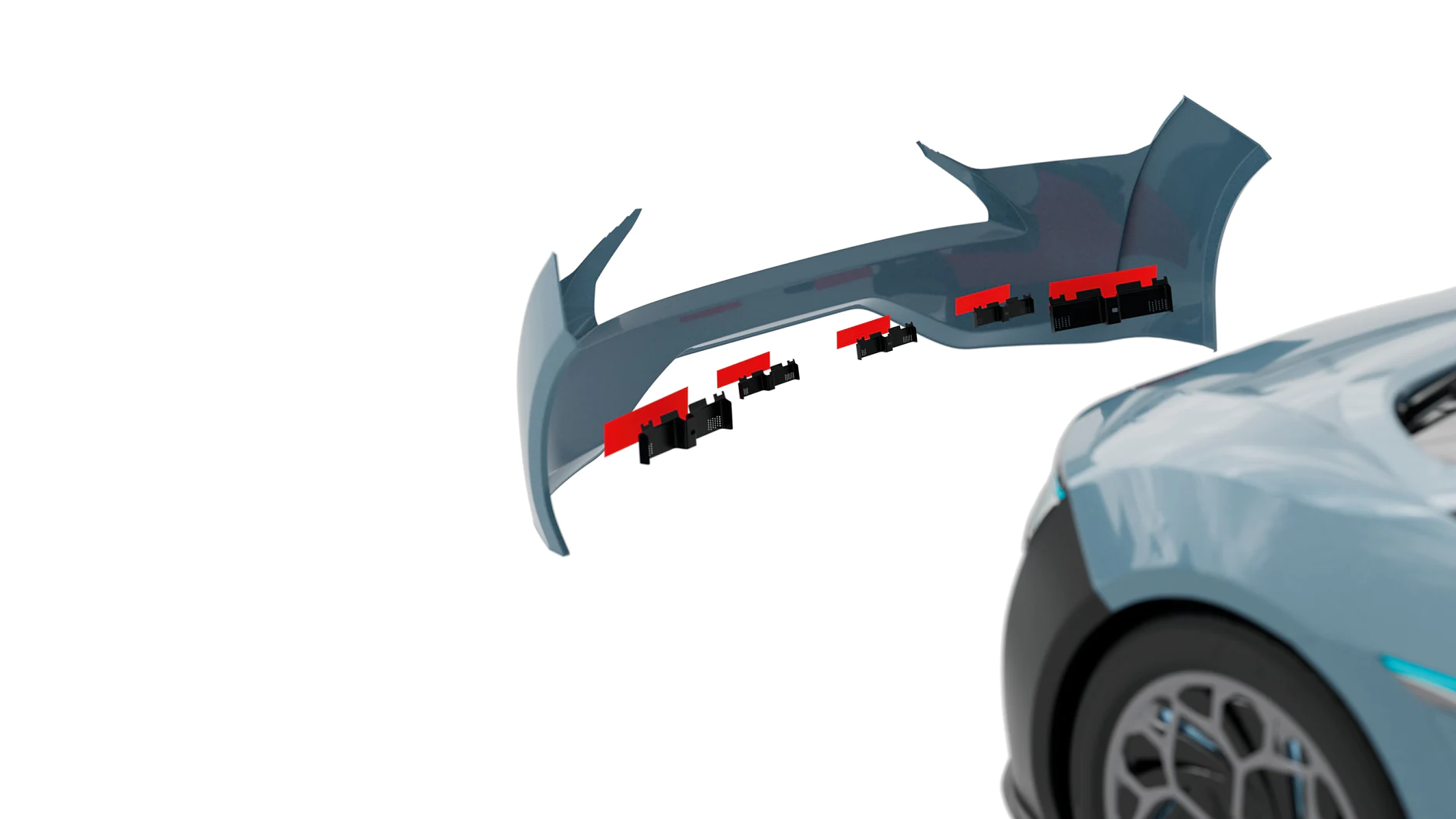 A close-up image of a cars exterior, focusing on a blue rear spoiler detached from the vehicle. The spoiler has red and black mounting brackets secured with tesa tape. The background is plain white, emphasizing the car and spoiler. (This text has been generated by AI)