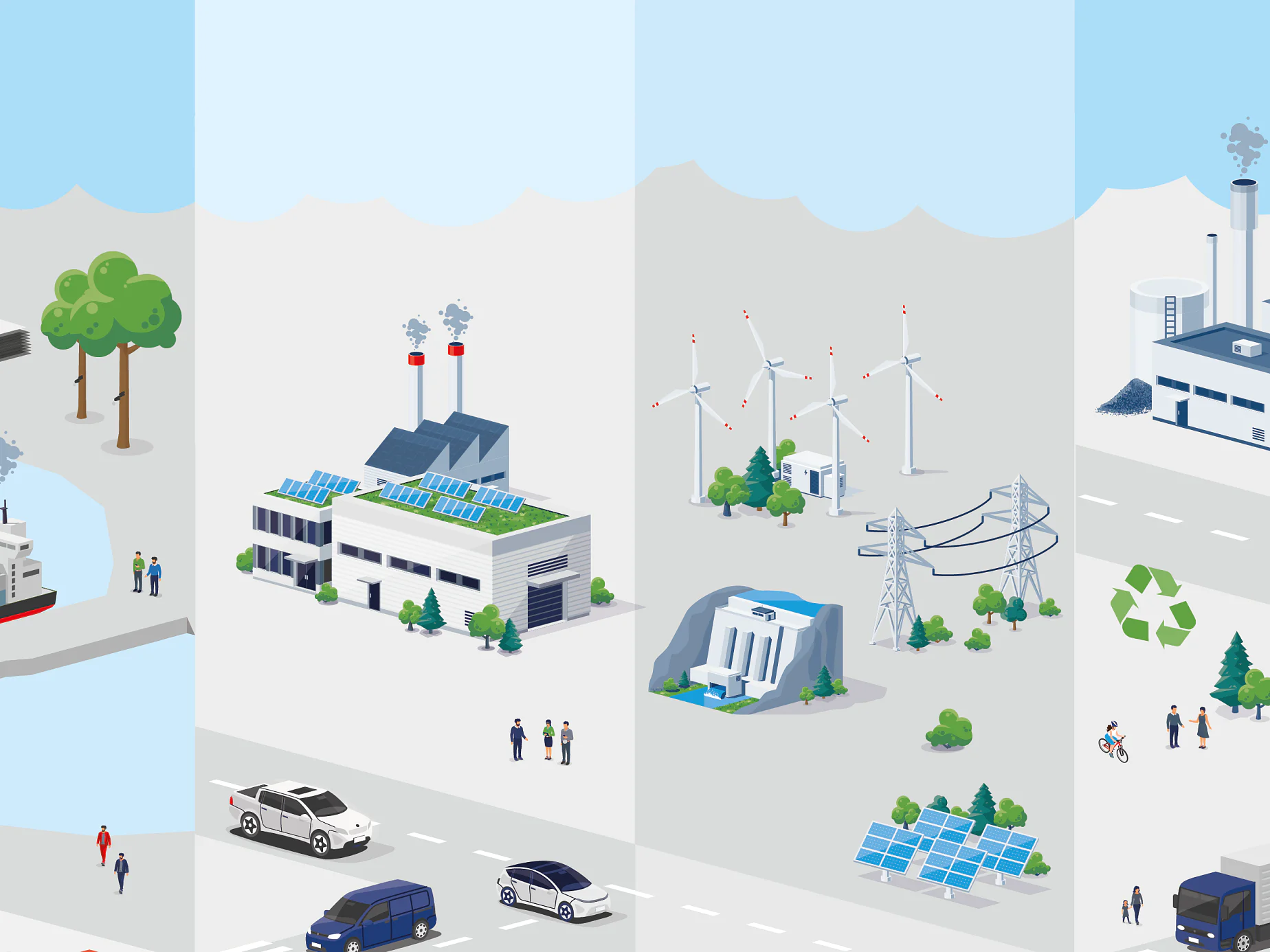 Illustration divided into four vertical sections: ship by water and airplanes above; solar-powered buildings and workers; wind turbines and power lines; and a factory with a recycling symbol, trucks, cyclists, and solar panels in a landscape. In all these scenes, tesa tape seamlessly integrates various elements, enhancing the efficiency of construction processes and ensuring sustainable practices are maintained throughout. (This text has been generated by AI)