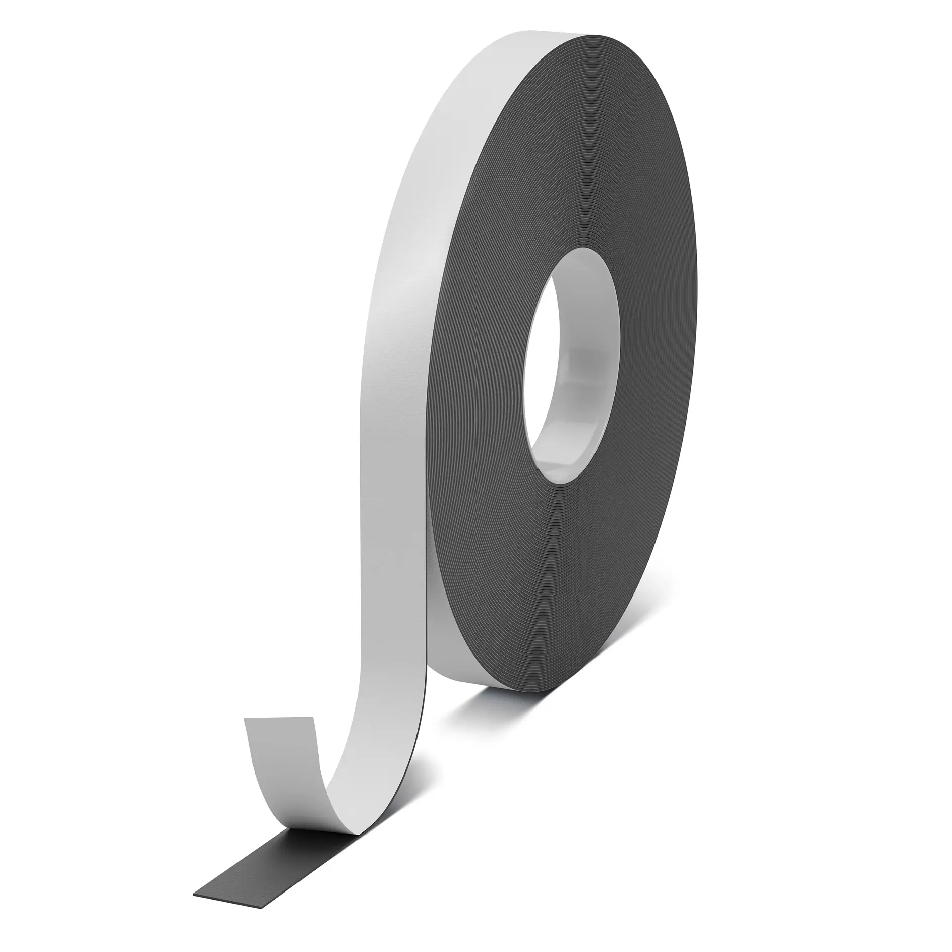 a roll of tesa tape with a white top layer and a black adhesive backing, partially unrolled and resting on a flat surface. (This text has been generated by AI)