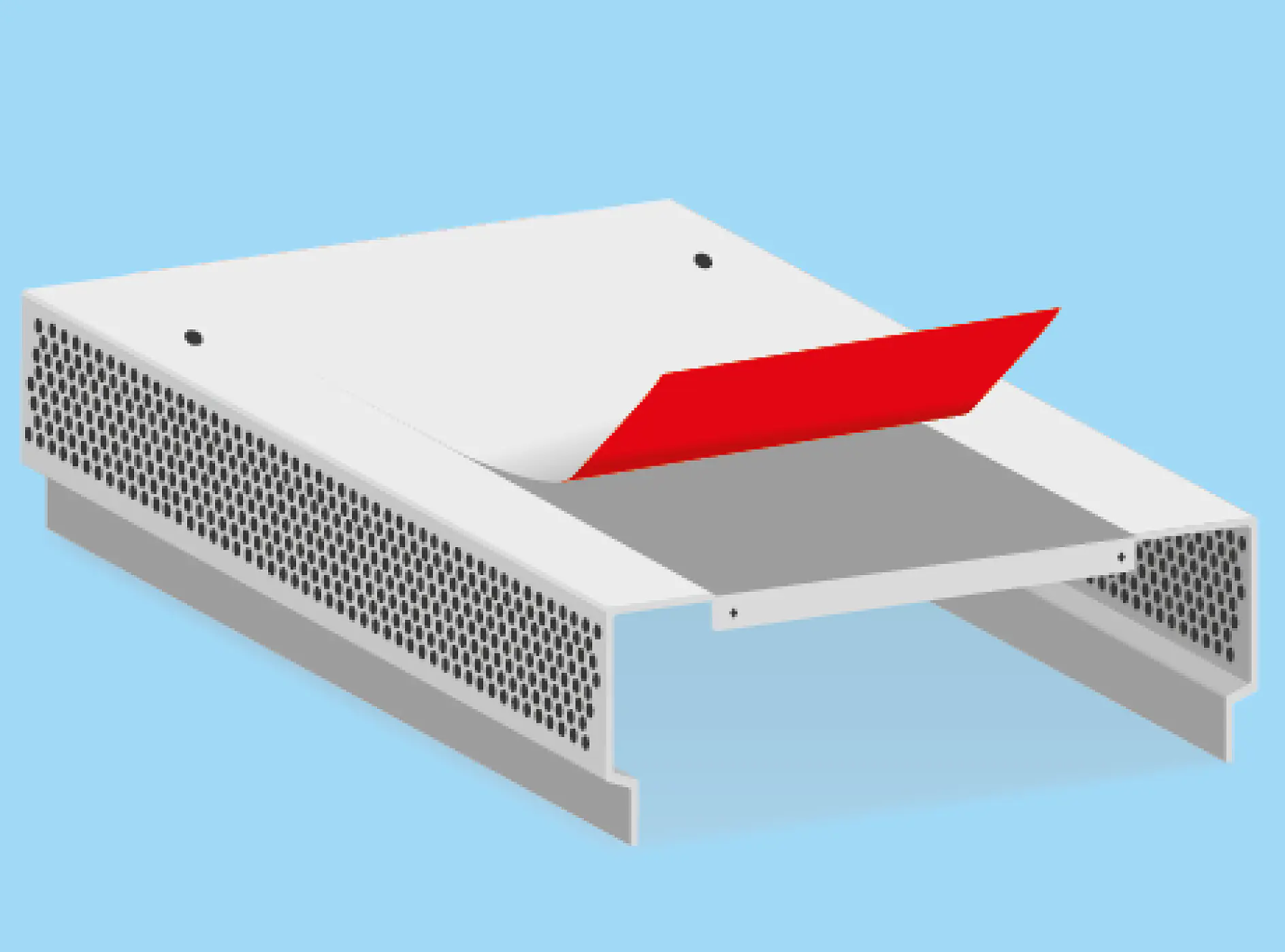 tesa white and gray ventilation cover with a red adjustable flap, shown against a light blue background, designed for airflow control (This text has been generated by AI)