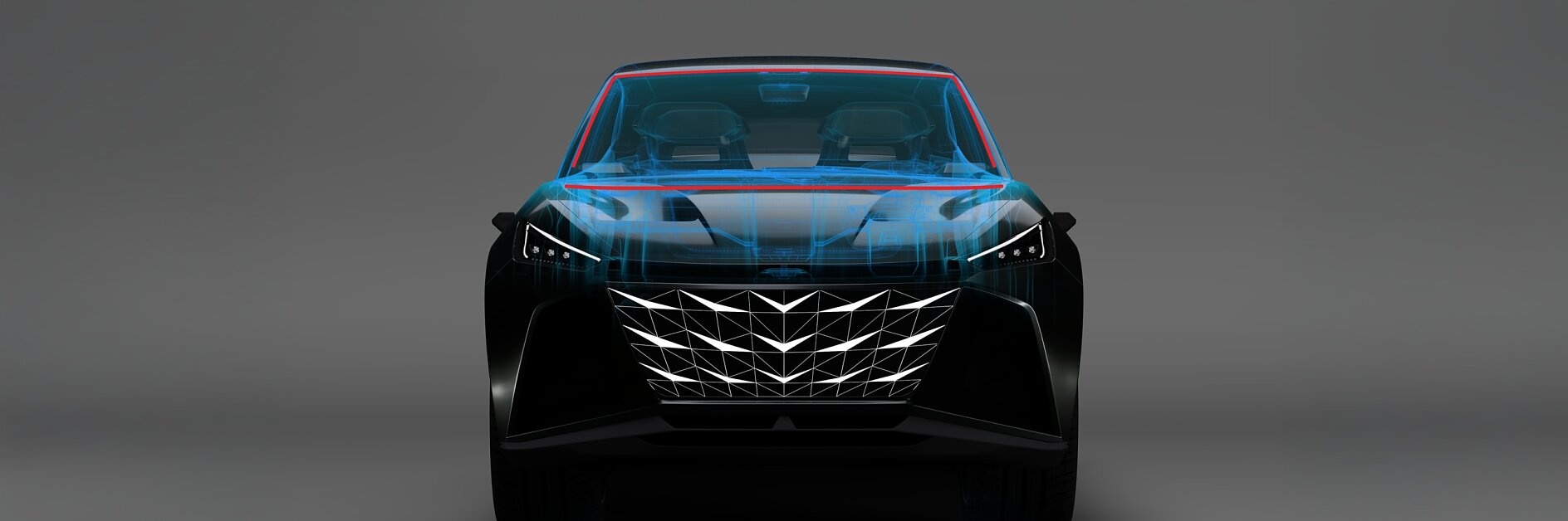A digital front-view rendering of a car with a semi-transparent overlay revealing interior seating and tesa tape structural elements.