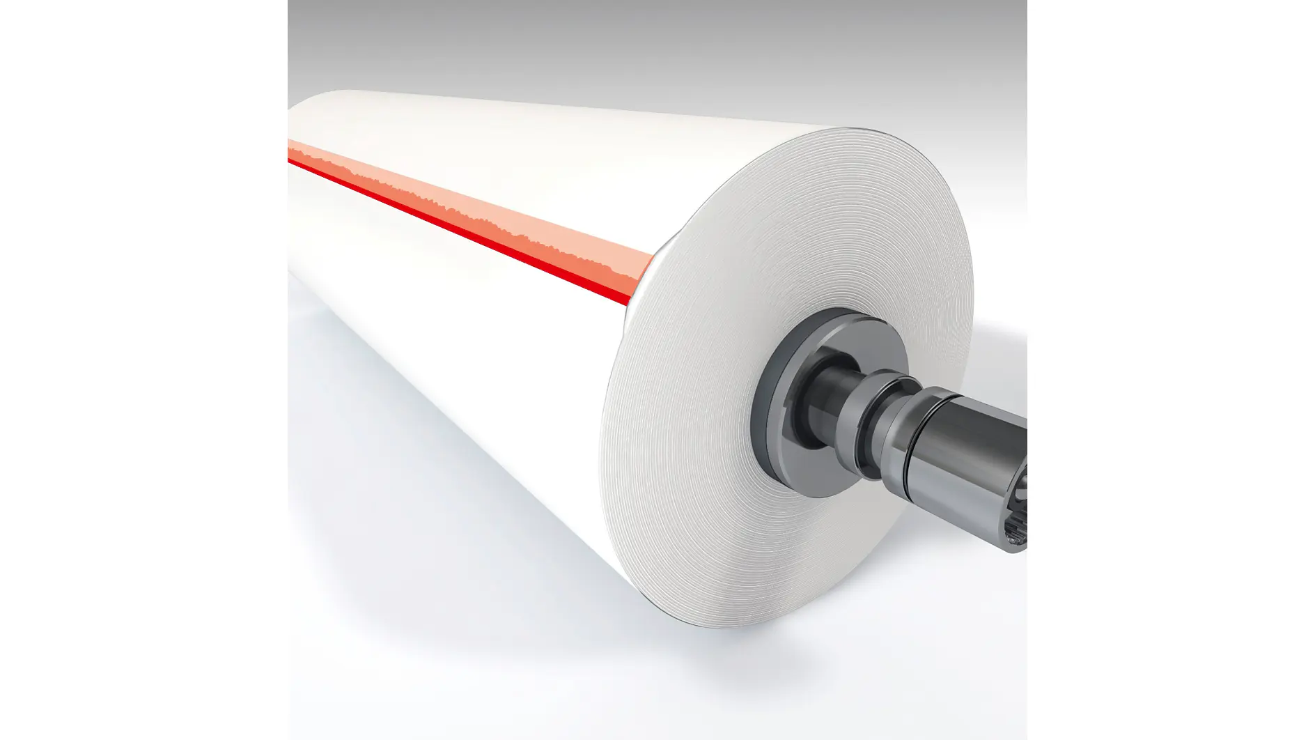 Large white adhesive tape roll mounted on a metal spindle, displayed on a white surface with a gradient background. tesa brand. (This text has been generated by AI)