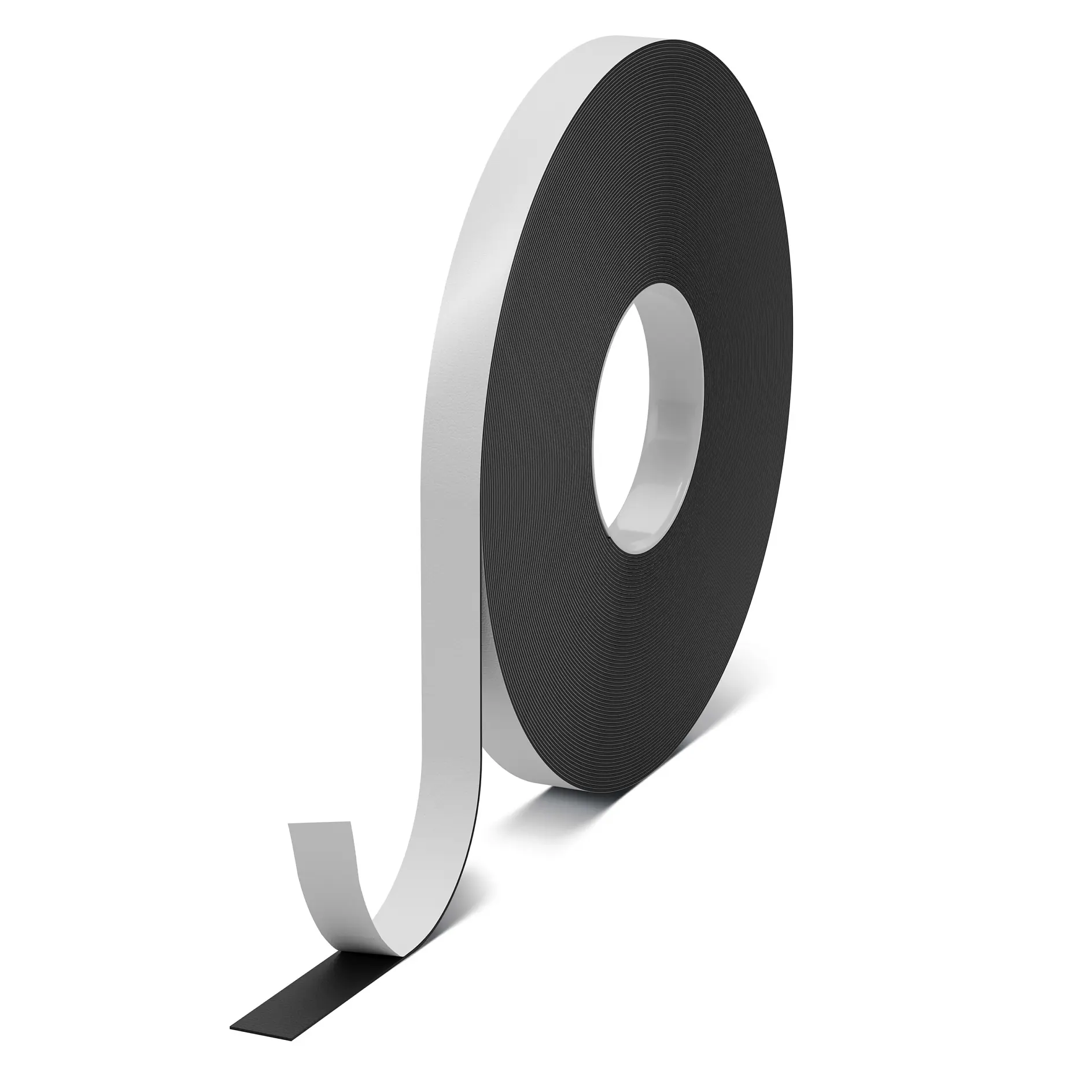 black tesa adhesive tape roll with a strip partially unrolled on a white background (This text has been generated by AI)