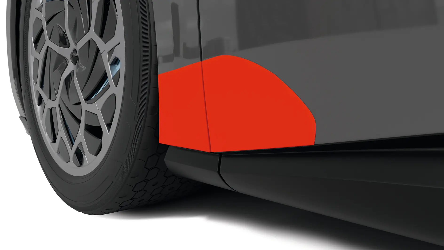 close-up view of a car's side skirt featuring a red accent near the wheel arch on a sleek black body. (This text has been generated by AI)