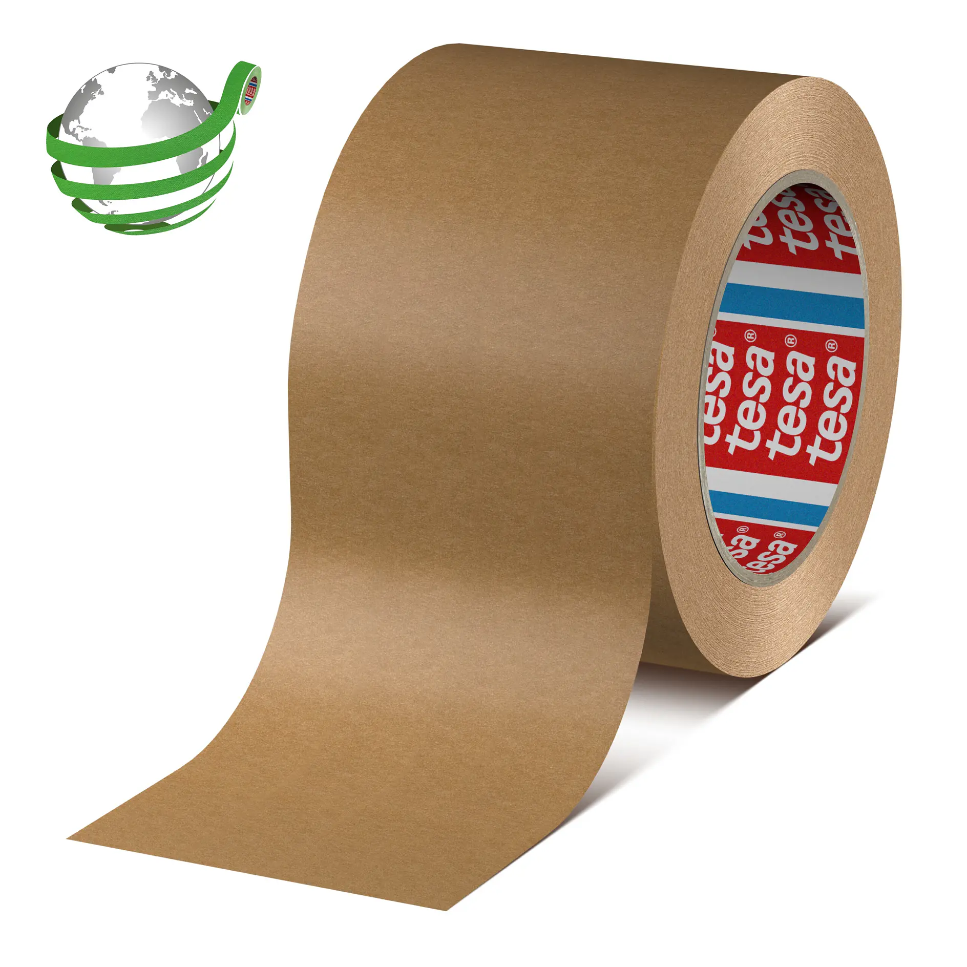 roll of brown tesa adhesive tape with red and white branded core on white background (This text has been generated by AI)