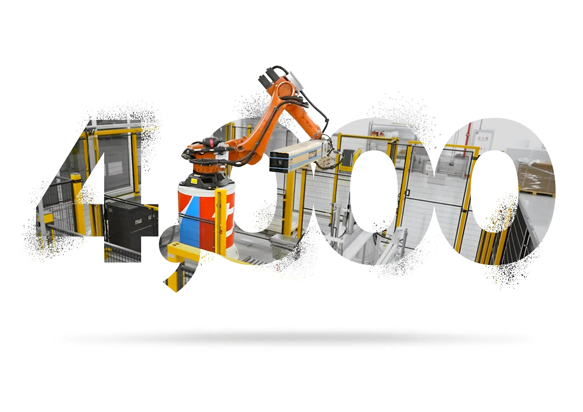 An industrial robotic arm moves a box in a warehouse, seen through the cutout numbers 40,000 and tesa tape on a white background.