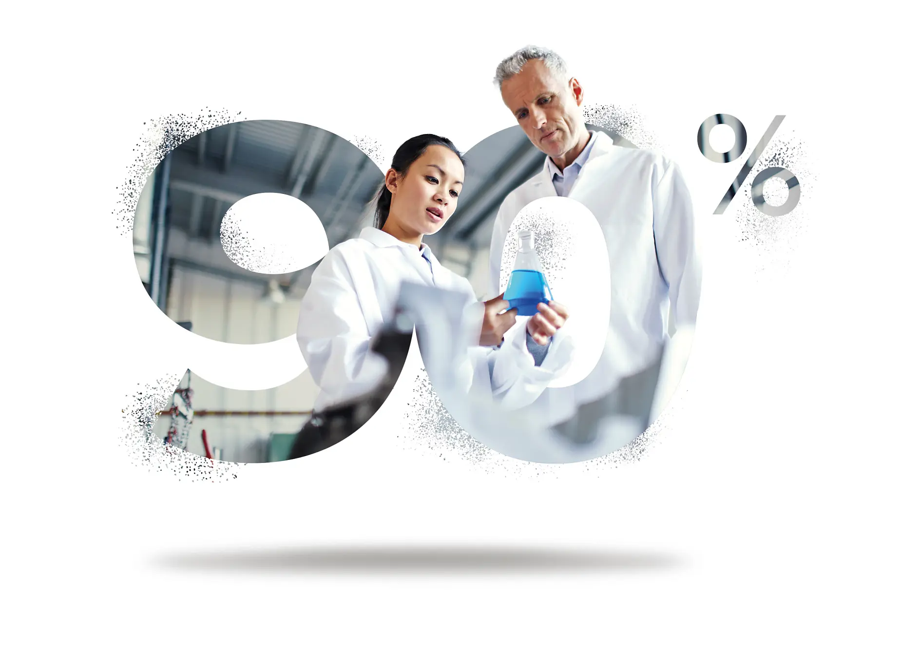 Two people in lab coats examine a blue tesa tape inside the number 90% on a white background, suggesting scientific research statistics.