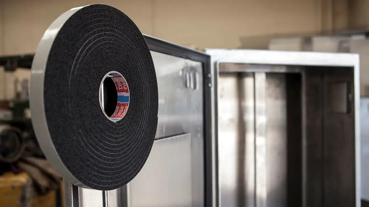 A large roll of black foam adhesive tesa tape is mounted on a stand in front of a metallic industrial machine, with two compartments visible. The background shows a blurred workshop setting. (This text has been generated by AI)