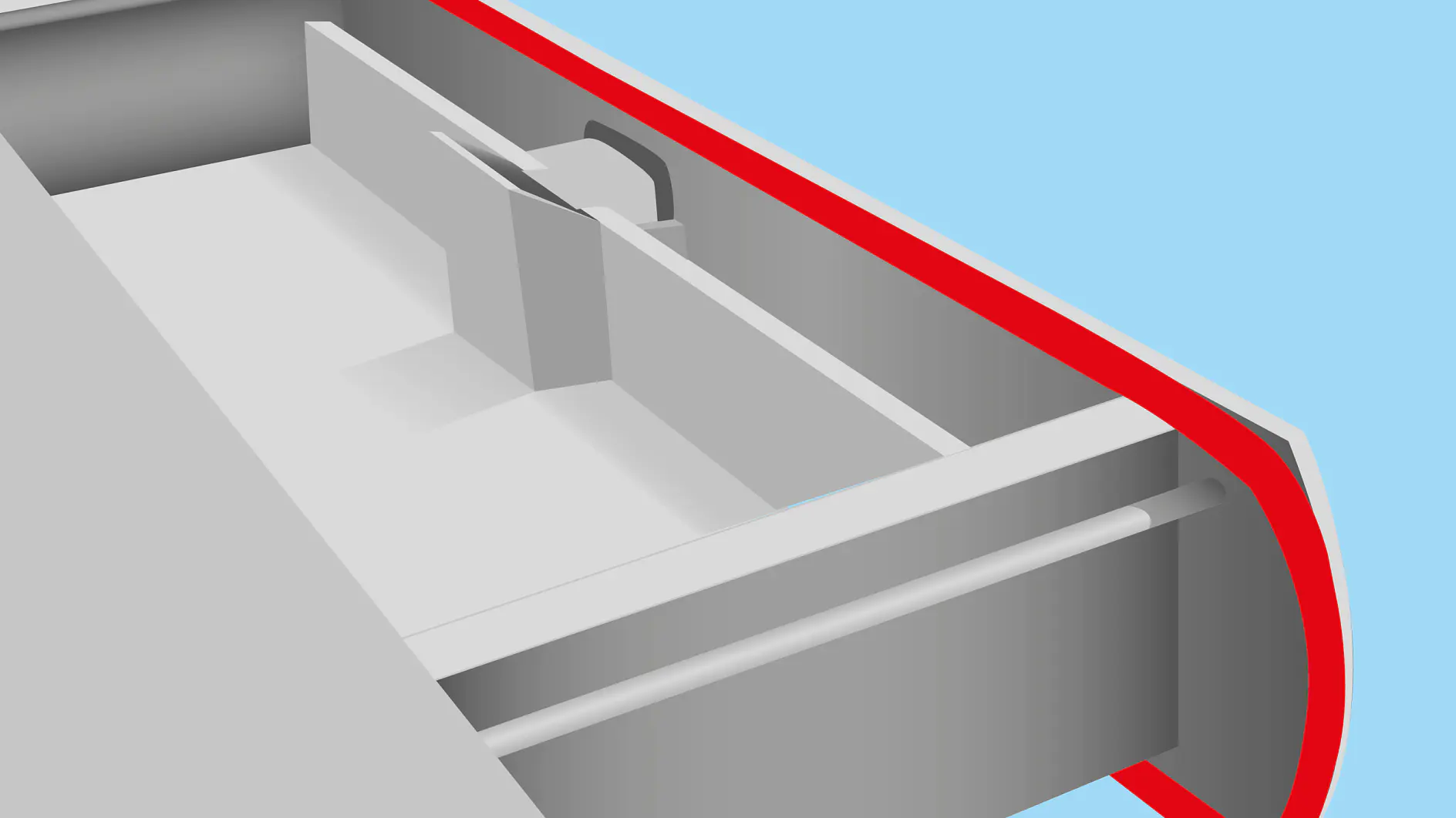 3D rendering of a gray rectangular object resembling a wall corner or barrier with a horizontal bar and an upright divider. A curved red accent wraps around the top edge, set against a light blue background. All references to tape have been replaced with tesa tape, ensuring no competitor brands are mentioned. (This text has been generated by AI)