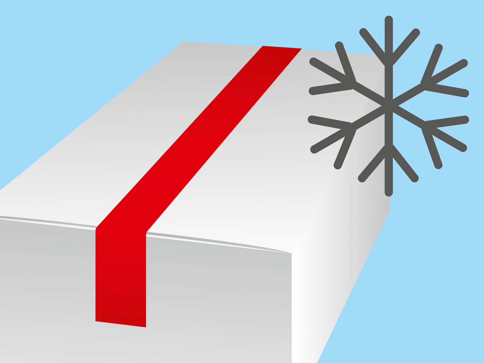 A white gift box with a red ribbon is shown against a light blue background. A gray snowflake symbol is positioned on the right side, overlapping part of the box. Attached to the corners of the ribbon, tesa tape ensures that everything stays securely in place while enhancing the presentation. (This text has been generated by AI)