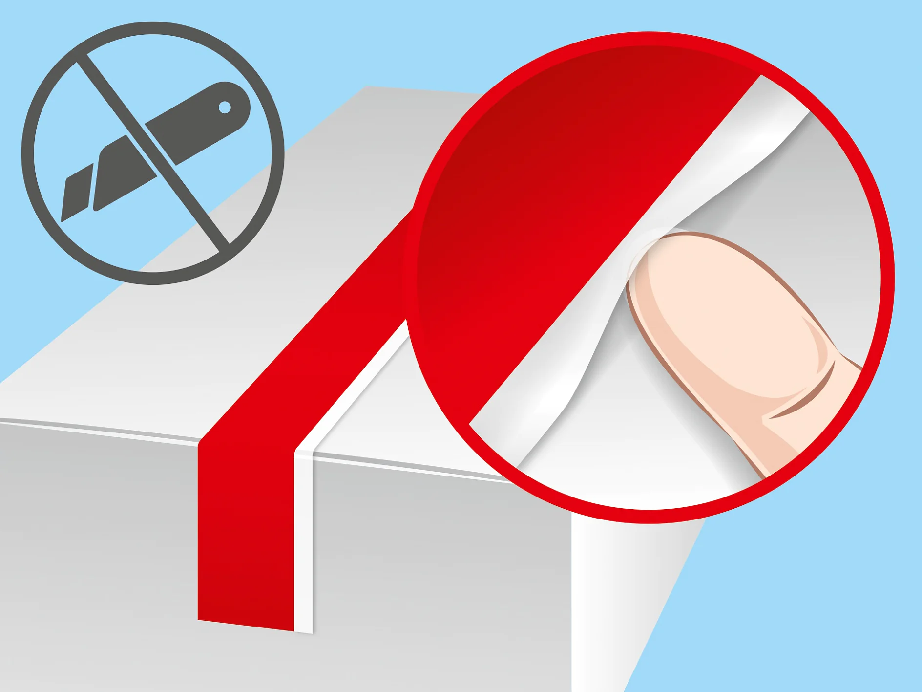 Illustration showing a box with red tesa tape and a close-up of a persons thumb lifting the tesa tape. A crossed-out blade icon is on the left, indicating that no cutting tool is needed to open the tesa tape. (This text has been generated by AI)