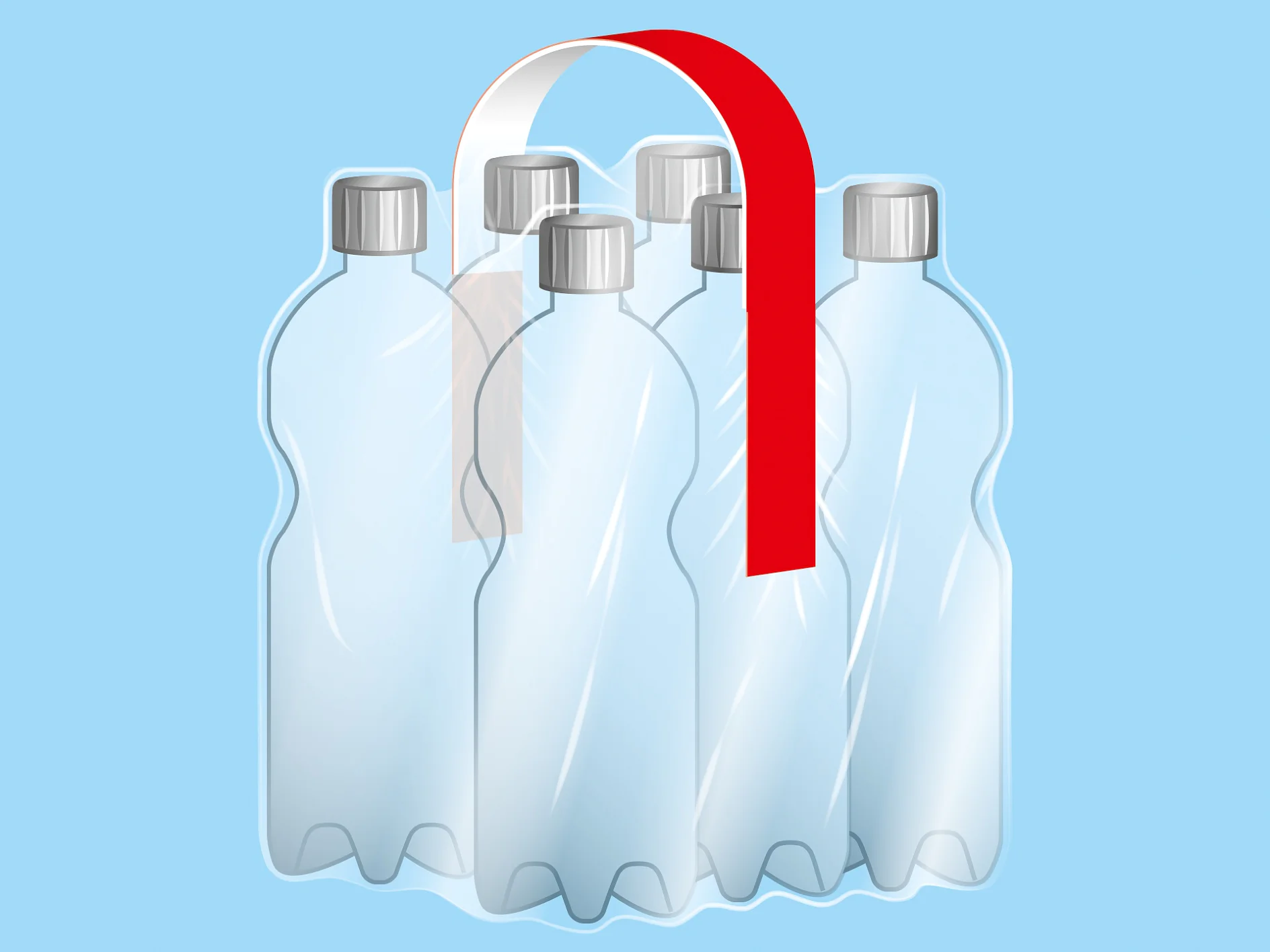 Illustration of a pack of six transparent plastic bottles with gray caps, held together by a red and white tesa tape handle, against a light blue background. (This text has been generated by AI)
