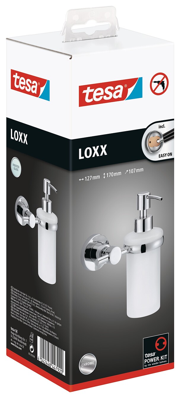 tesa® Loxx liquid soap dispenser, chromed metal, selfadhesive tesa
