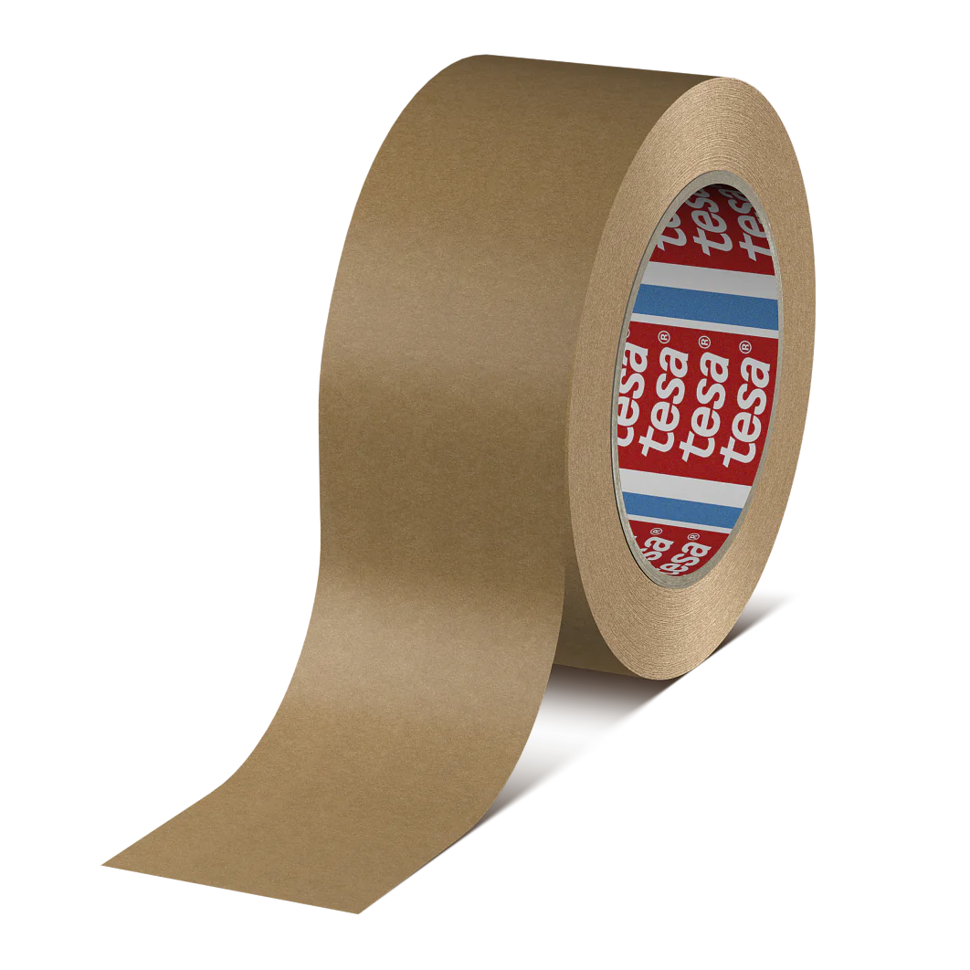 A roll of brown packing tesa tape with a partially unrolled strip. The inner side of the roll features the brand name tesa in white letters on a red and blue background. (This text has been generated by AI)