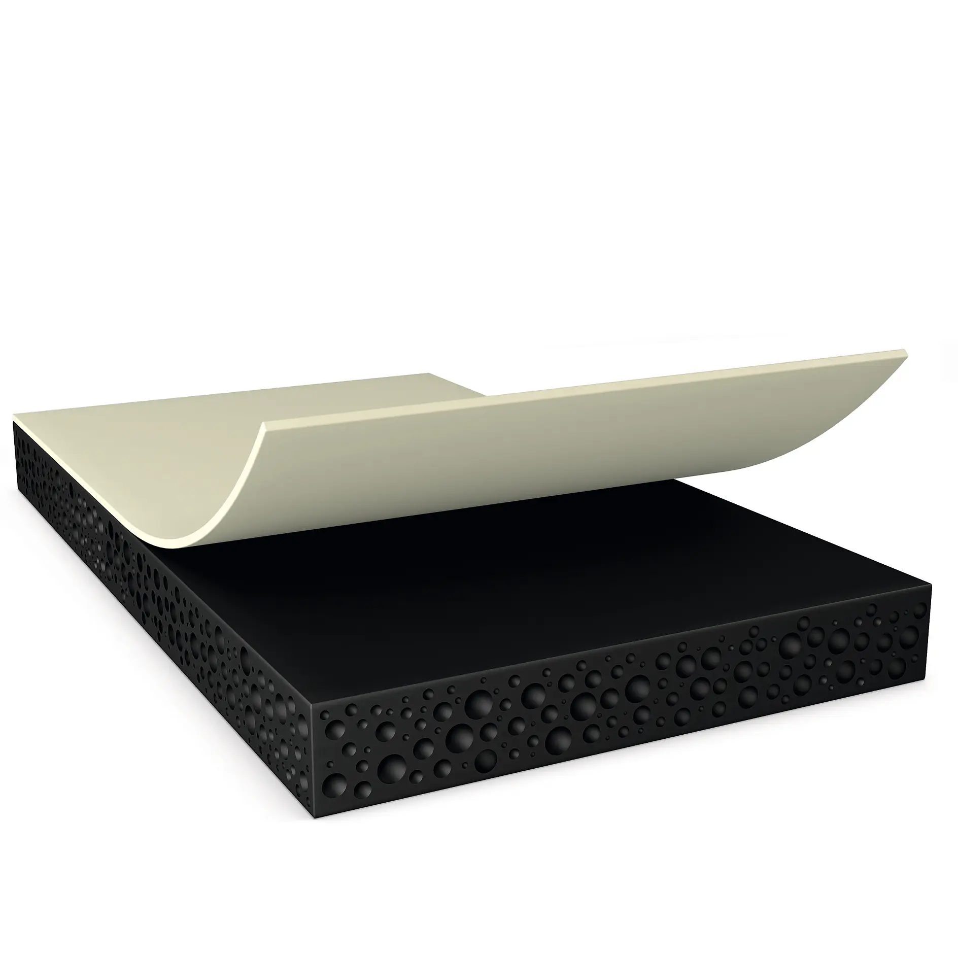 A 3D illustration of a mattress layer shows a beige top layer partially peeled back, revealing a textured black foam layer with spherical indents underneath. The layers are separated for visualization purposes using tesa tape. (This text has been generated by AI)