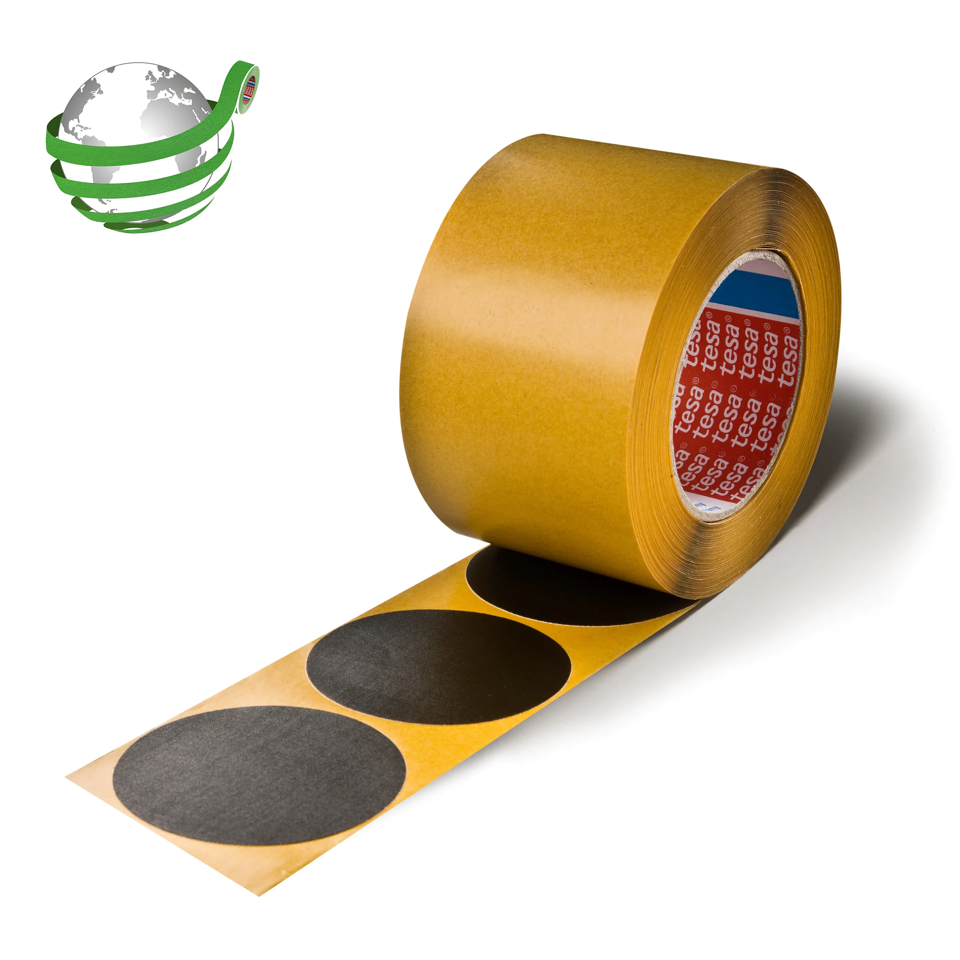 Roll of brown adhesive tape with black circular stickers on a white background, tesa logo with a green globe in the corner. (This text has been generated by AI)