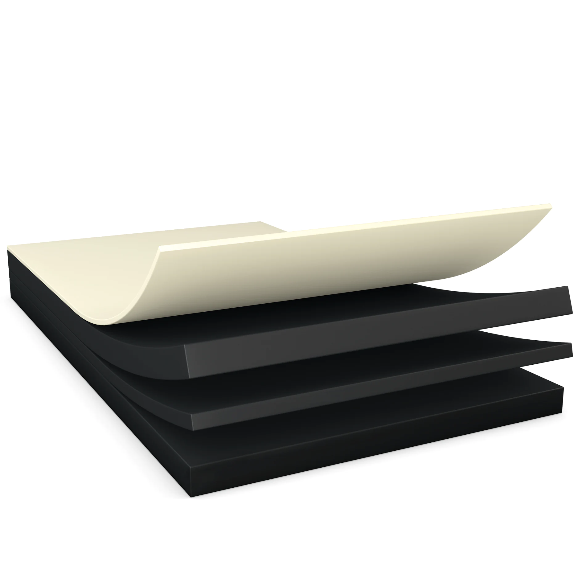 stack of black adhesive foam sheets with one sheet partially peeled to show sticky side, isolated on white background (This text has been generated by AI)