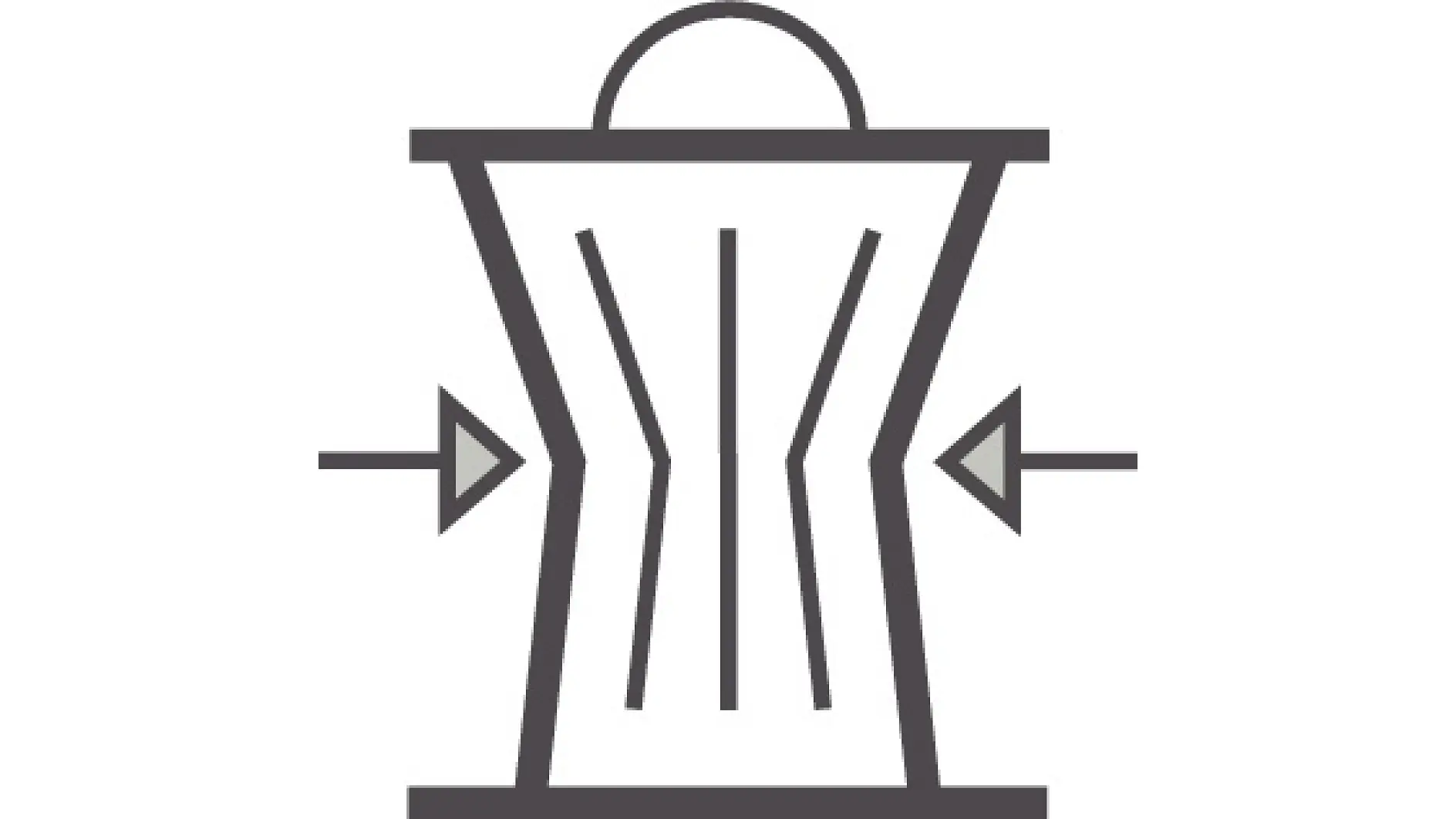 A minimalist, black and white illustration of an arrow logo pointing to a stylized corset. The corset is adorned with vertical lines and has a curved, cinched waist with a semicircle at the top resembling a handle. Arrows point inward on both sides, emphasizing the sleek design. (This text has been generated by AI)
