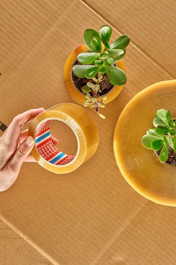 Cardboard box with shipping symbols. Two small plants in yellow pots are placed on top. A hand holds a roll of tesa tape with colorful bands near the plants. (This text has been generated by AI)