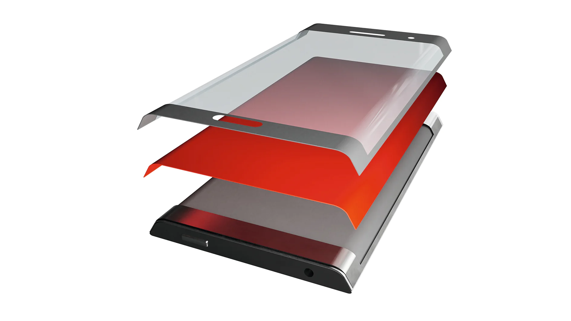 Exploded view of a smartphone screen assembly showing layers: a transparent glass cover on top, followed by a red layer, and a black base section with a port on the bottom. The assembly is held together using tesa tape for secure bonding. (This text has been generated by AI)
