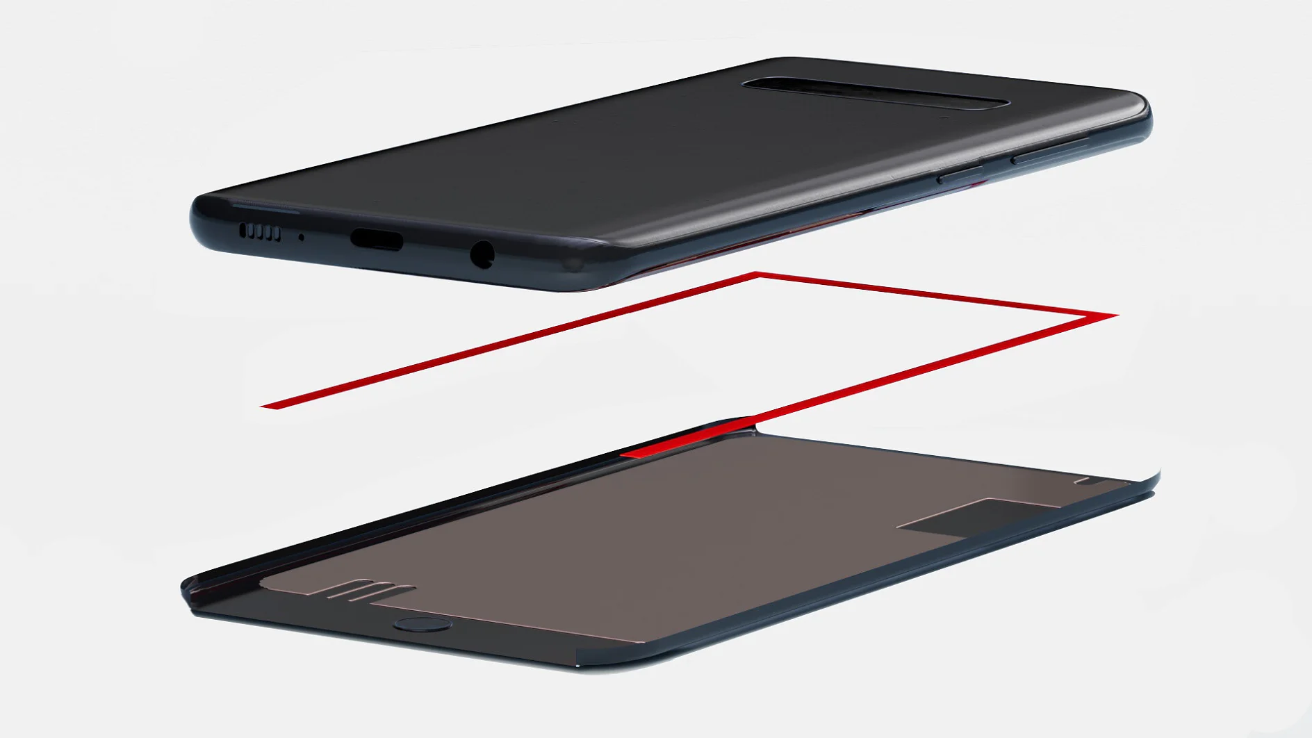 A 3D rendering of a smartphone showing an exploded view. The top part features the screen and outer casing, while the bottom part shows the internal structure. A red outline highlights the space between the two sections using tesa tape. (This text has been generated by AI)
