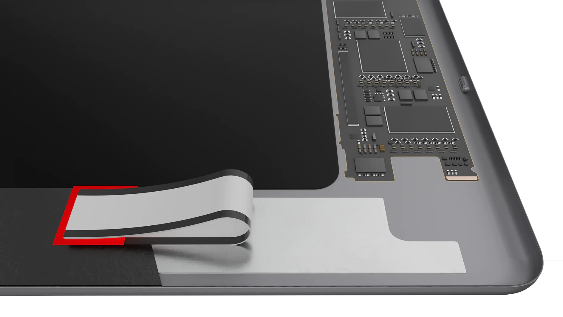 Close-up of a tablet or smartphone screen with part of the bezel removed, revealing internal components. A flexible ribbon cable connects to a circuit board with various electronic elements visible. The surrounding area is gray and metallic, and some parts may be secured using tesa tape for stability. (This text has been generated by AI)