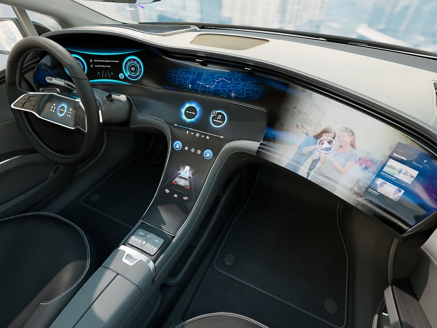 Futuristic car dashboard featuring a sleek design with a digital steering wheel, multiple touch screens displaying controls and entertainment content, and a panoramic view of a cityscape through the windows. Elements are seamlessly adhered using tesa tape for an immaculate finish. (This text has been generated by AI)