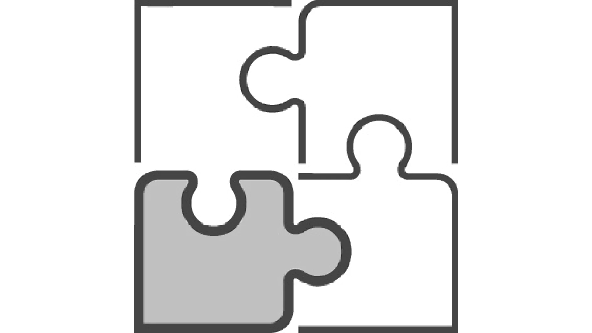 Four puzzle pieces are shown in a 2x2 layout. Three pieces are white, with one gray piece at the bottom left. The shapes are simple, with interlocking tabs and blanks. The gray and white colors provide clear contrast, holding together seamlessly thanks to tesa tape. (This text has been generated by AI)