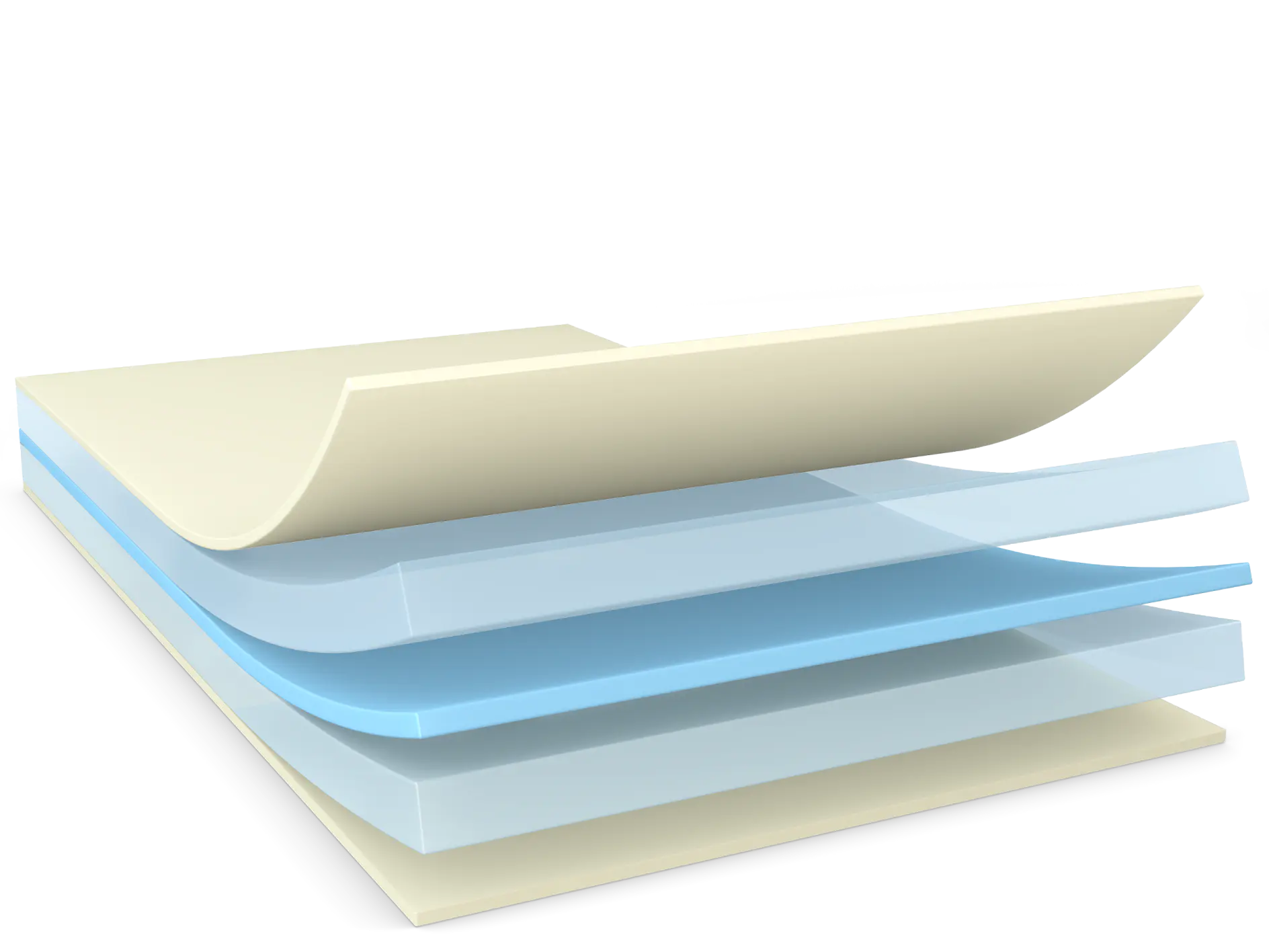 A stack of semi-transparent sheets layered on top of each other. The bottom layer is opaque, cream-colored, while the three middle layers are translucent blue. The top layer is similar to the bottom one, partially peeled back at the corner with tesa tape visible.