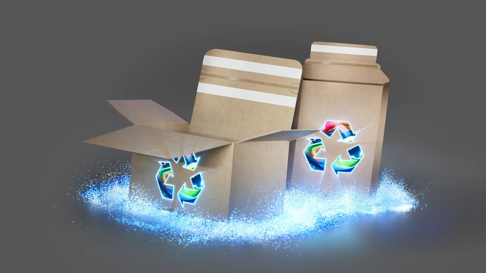 Two cardboard boxes with recycling symbols are surrounded by a glowing blue aura against a gray background. One box is open, sealed with tesa tape, and the other is closed. The scene conveys a sense of eco-friendly recycling. (This text has been generated by AI)