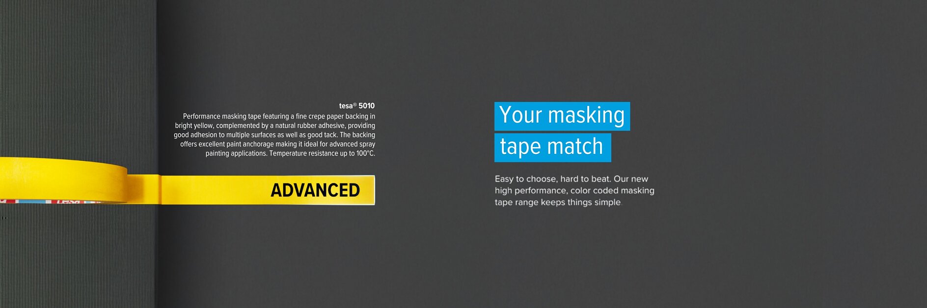 A partial roll of yellow tesa tape labeled ADVANCED sits against a dark background, product info left, "Your masking tape match" right.