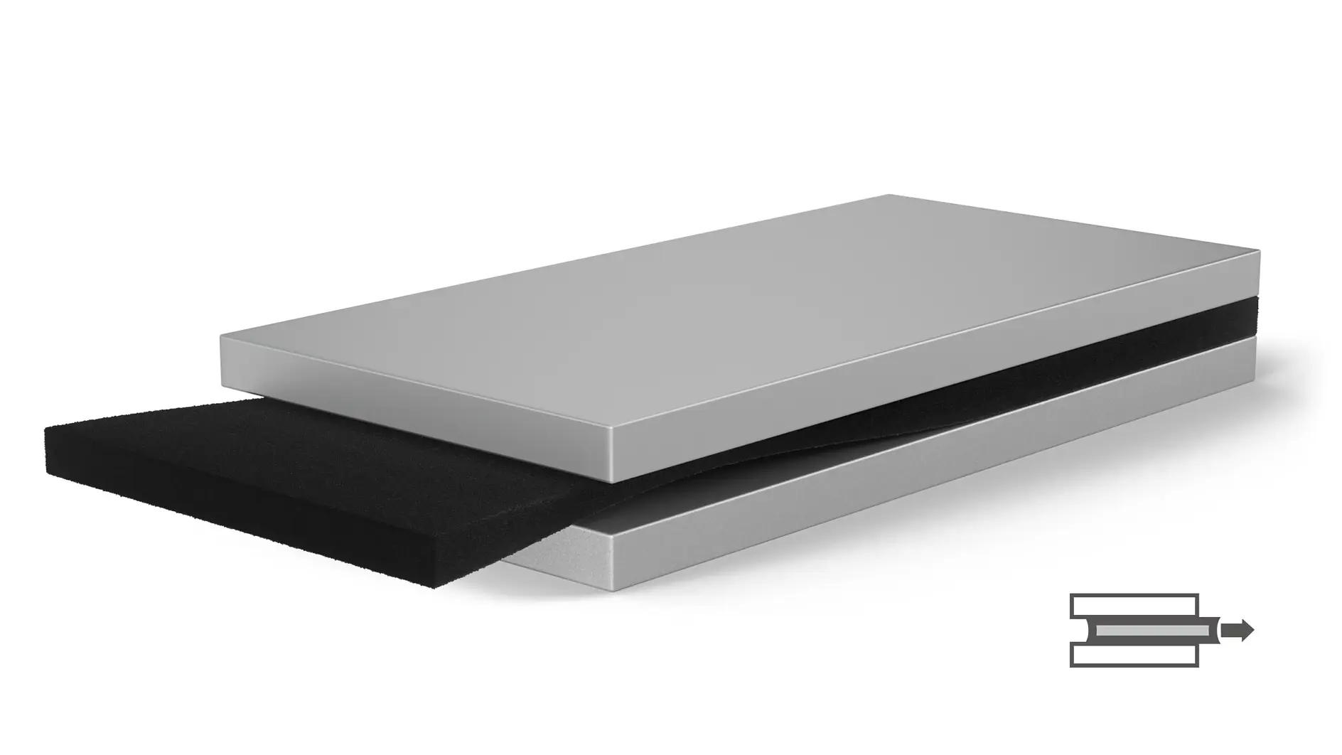 tesa black and gray adhesive tape roll with a partially unrolled strip on a white background, showing tape thickness and layers (This text has been generated by AI)