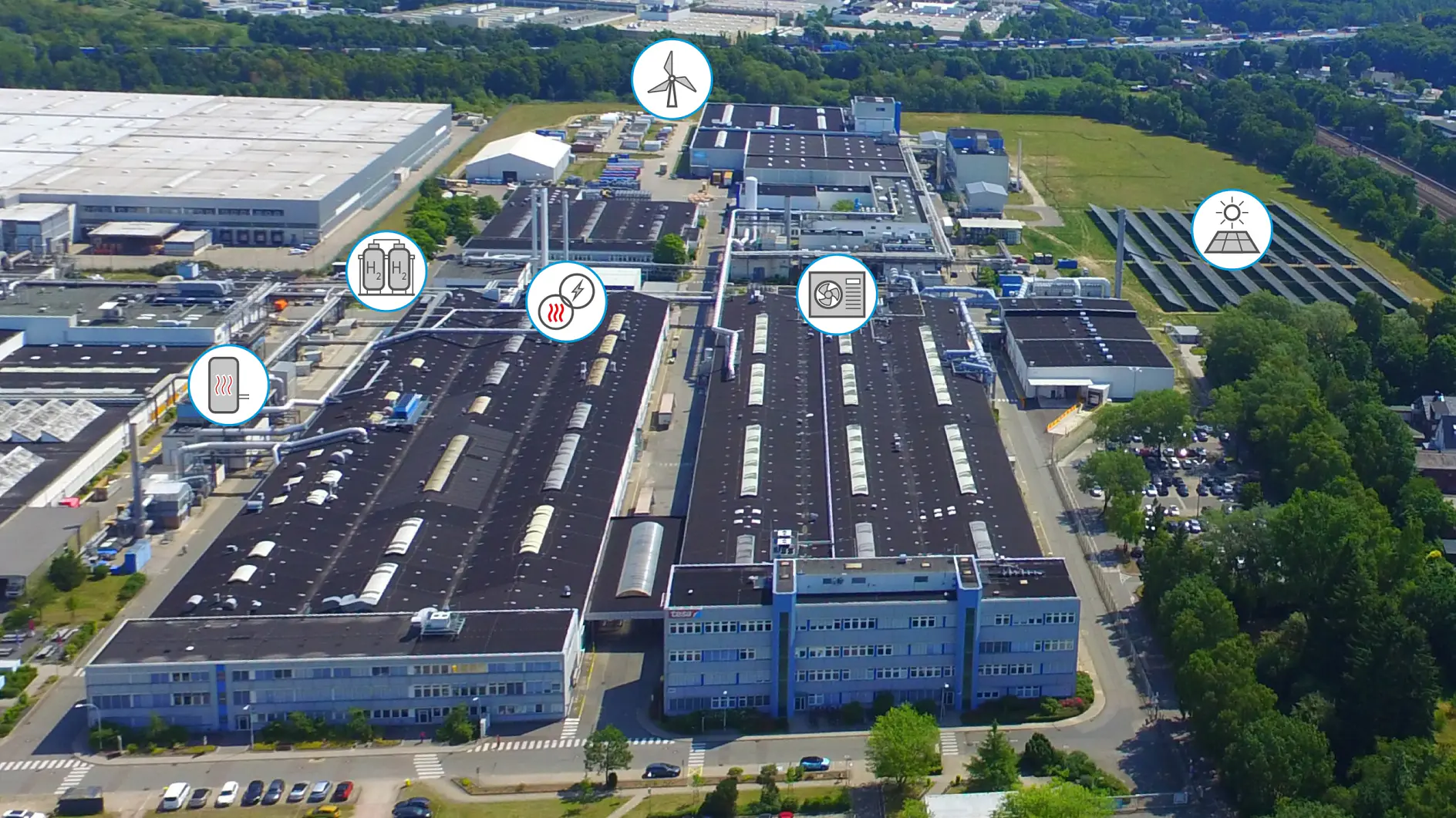 Aerial view of an industrial facility with buildings, icons for energy, solar panels, HVAC using tesa tape, greenery and roads. (This text has been generated by AI)