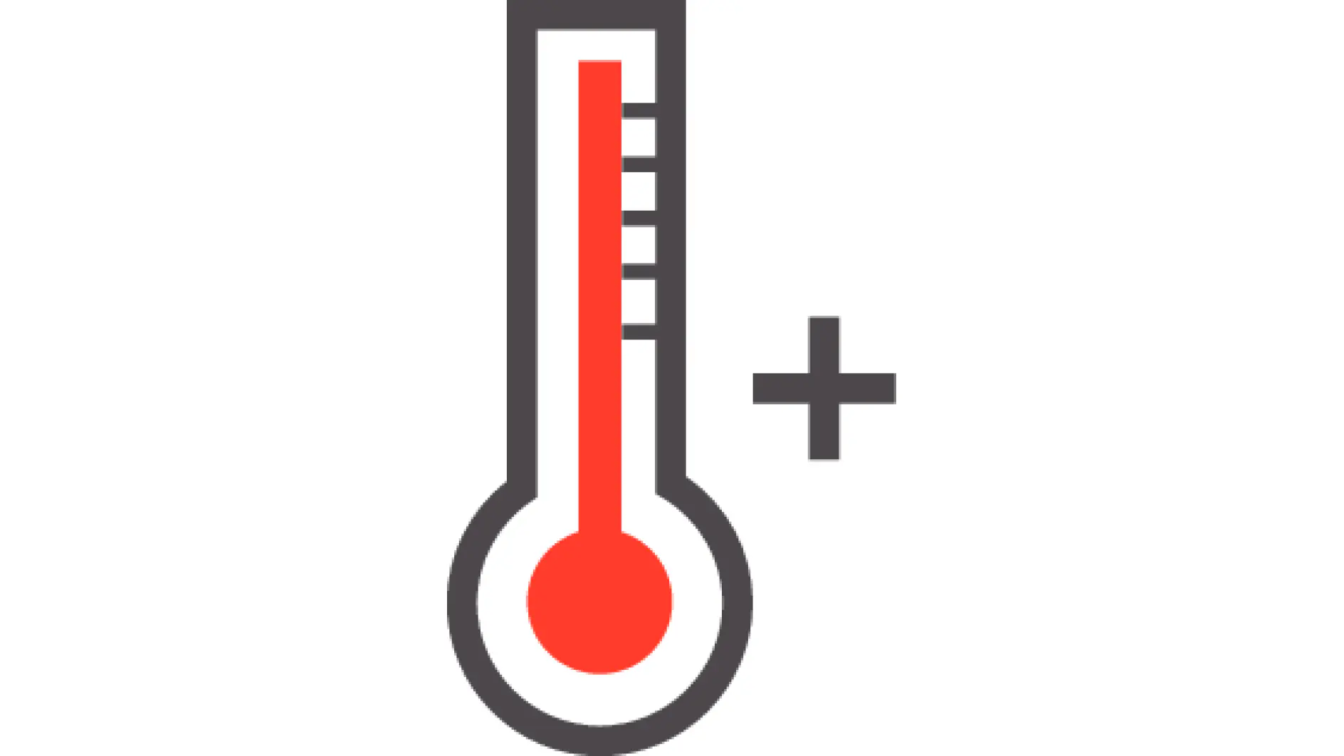 thermometer icon with red liquid indicating high temperature next to a plus sign on white background (This text has been generated by AI)