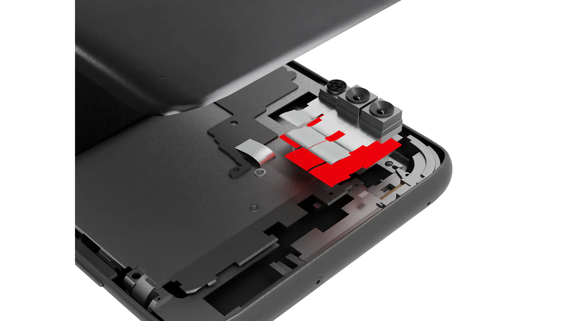 tesa adhesive strips applied inside the back cover of a disassembled smartphone, highlighting repair or assembly context (This text has been generated by AI)