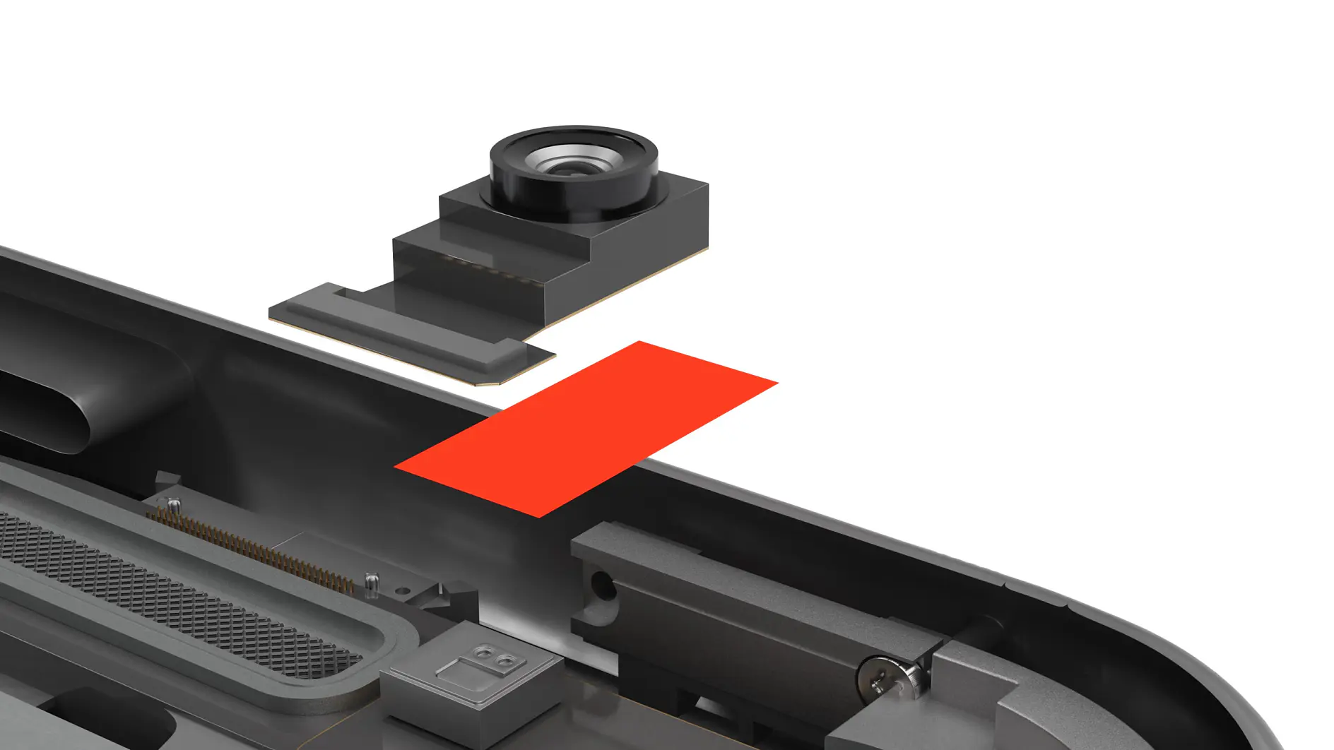 close-up view of a black electronic component with a circular lens and a red rectangular piece positioned above it, set against a white background (This text has been generated by AI)