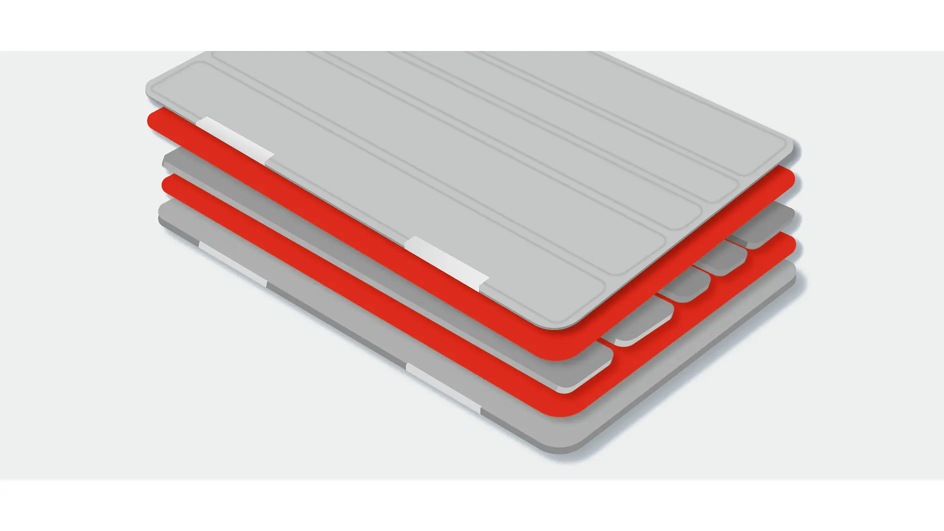 stacked gray and red rectangular panels with grooves, displayed on a white background, highlighting layered construction (This text has been generated by AI)