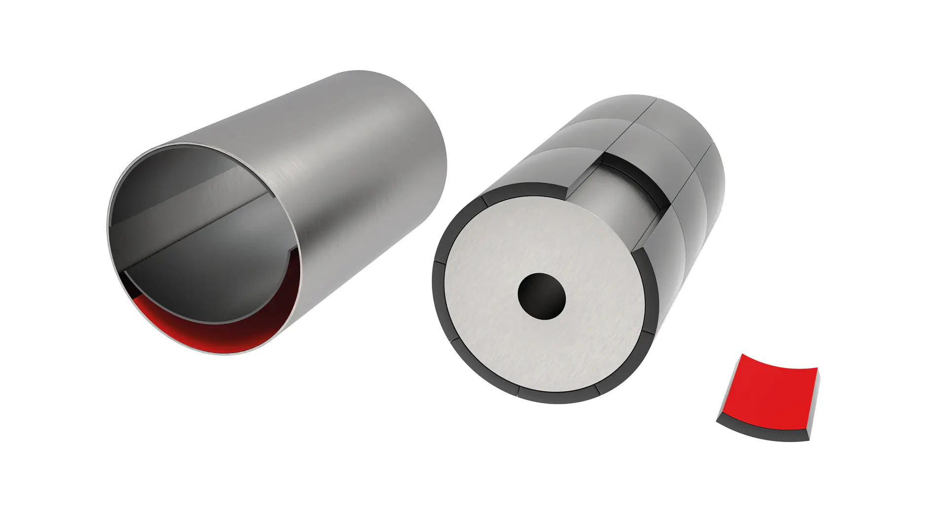 two silver cylindrical tesa tape dispensers, one open showing red tape inside, isolated on white background (This text has been generated by AI)