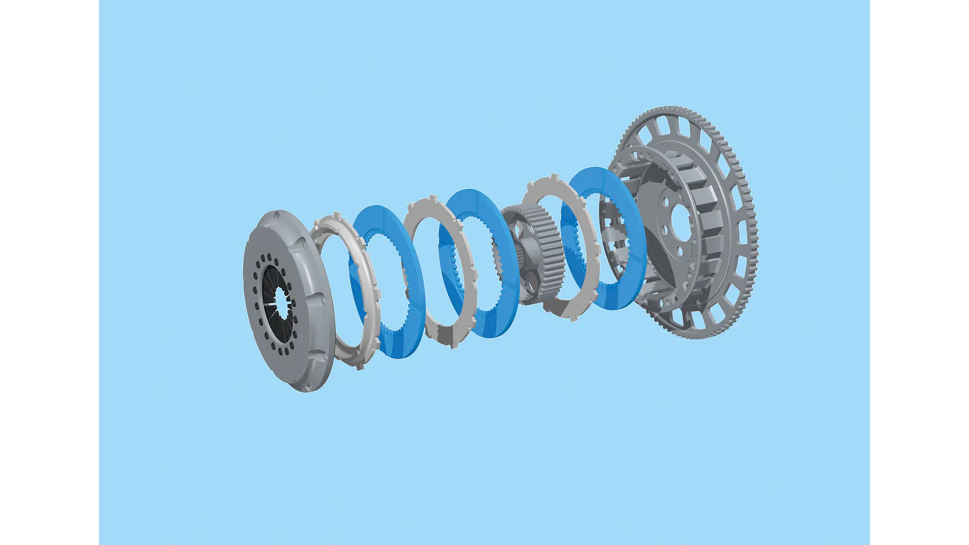 exploded view of a mechanical assembly with multiple circular metal and blue components aligned against a light blue background (This text has been generated by AI)