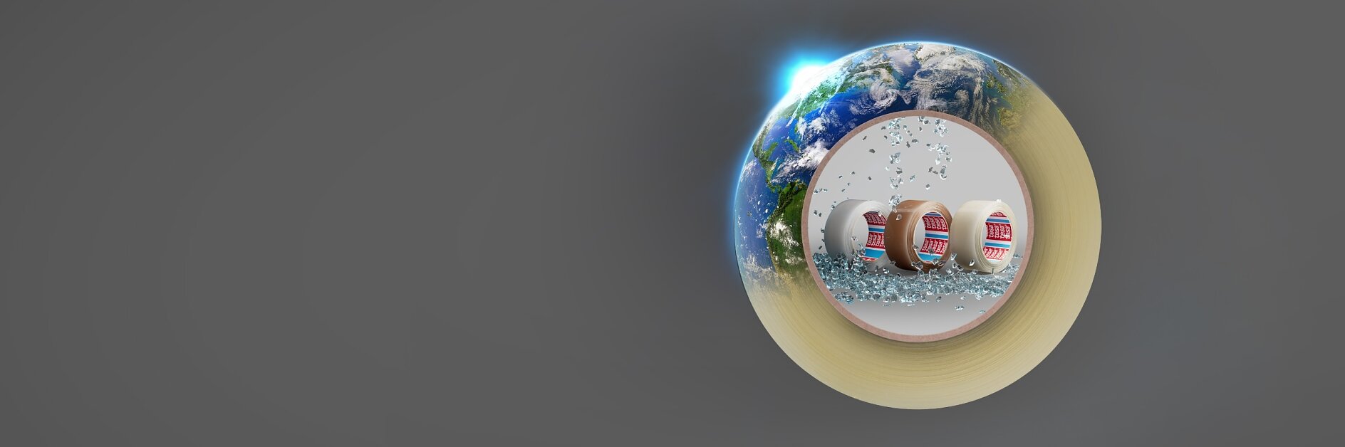 A roll of tesa tape forms a circular frame showing Earth and slot machines with coins and confetti, against a gray background. Bright light appears at the top of the Earth.