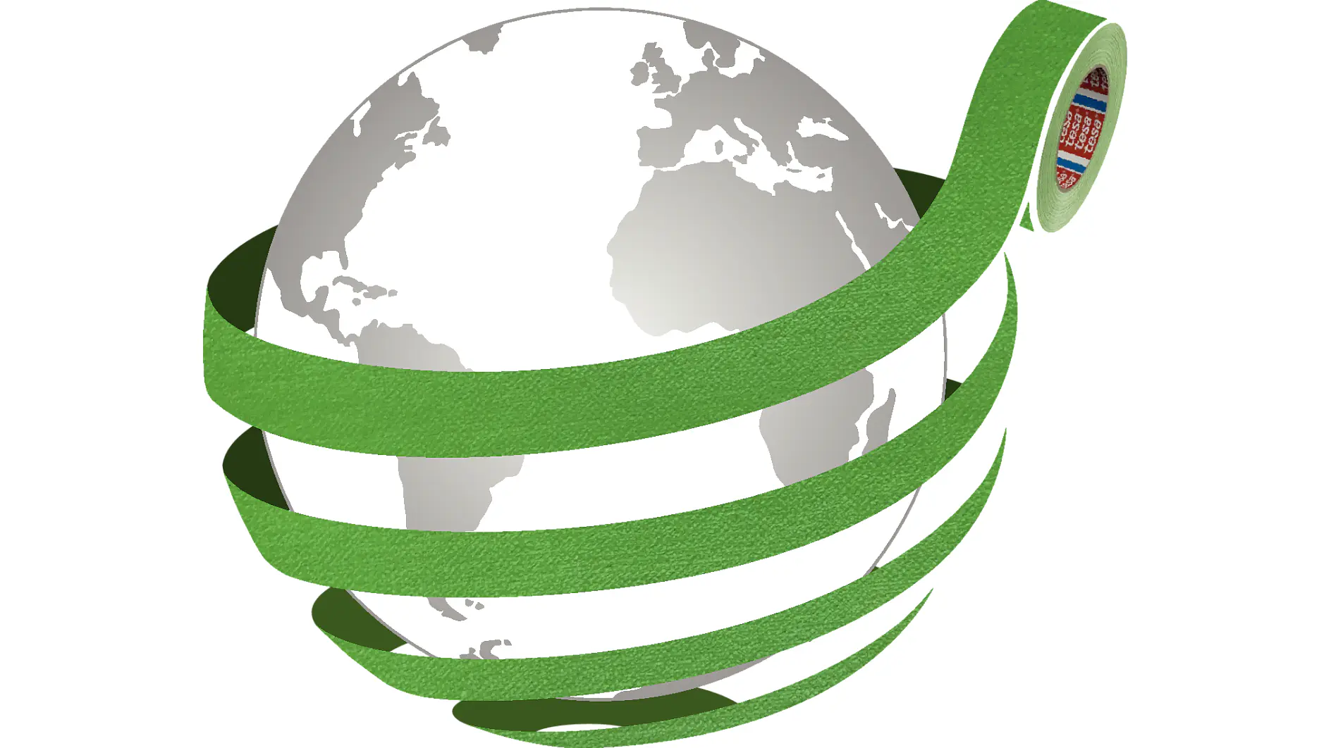gray and white globe wrapped with a green tesa tape strip spiraling around it, isolated on white background (This text has been generated by AI)