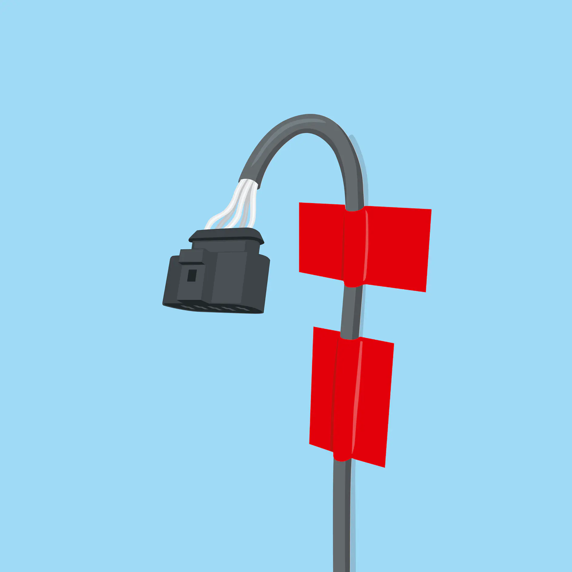 tesa tape securing a gray cable with a black connector against a light blue background in an indoor setting (This text has been generated by AI)