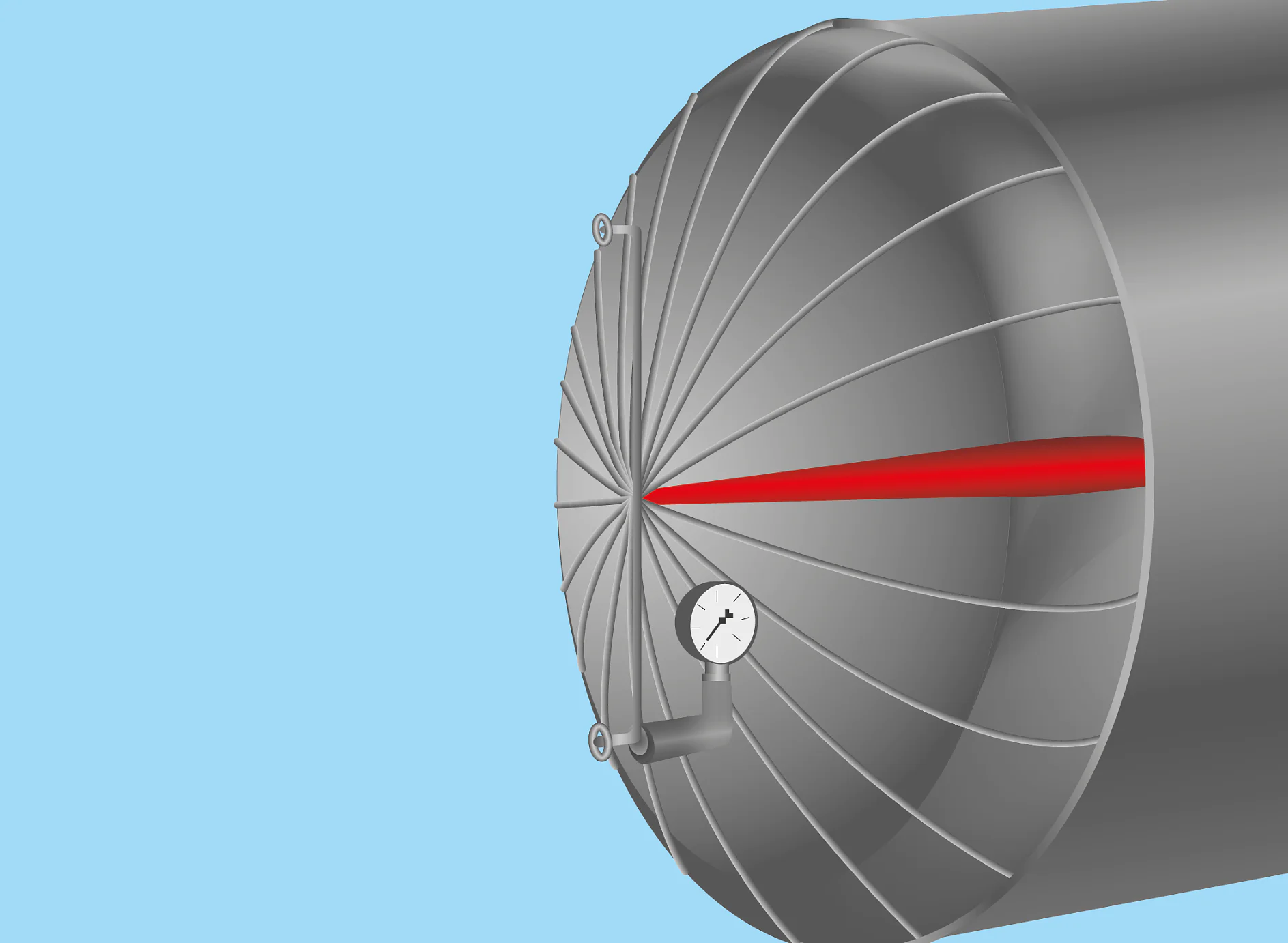 A large metallic cylindrical tank with a domed end features a red line running across it made of tesa tape. A pressure gauge is attached near the end of the tank. The background is light blue. (This text has been generated by AI)