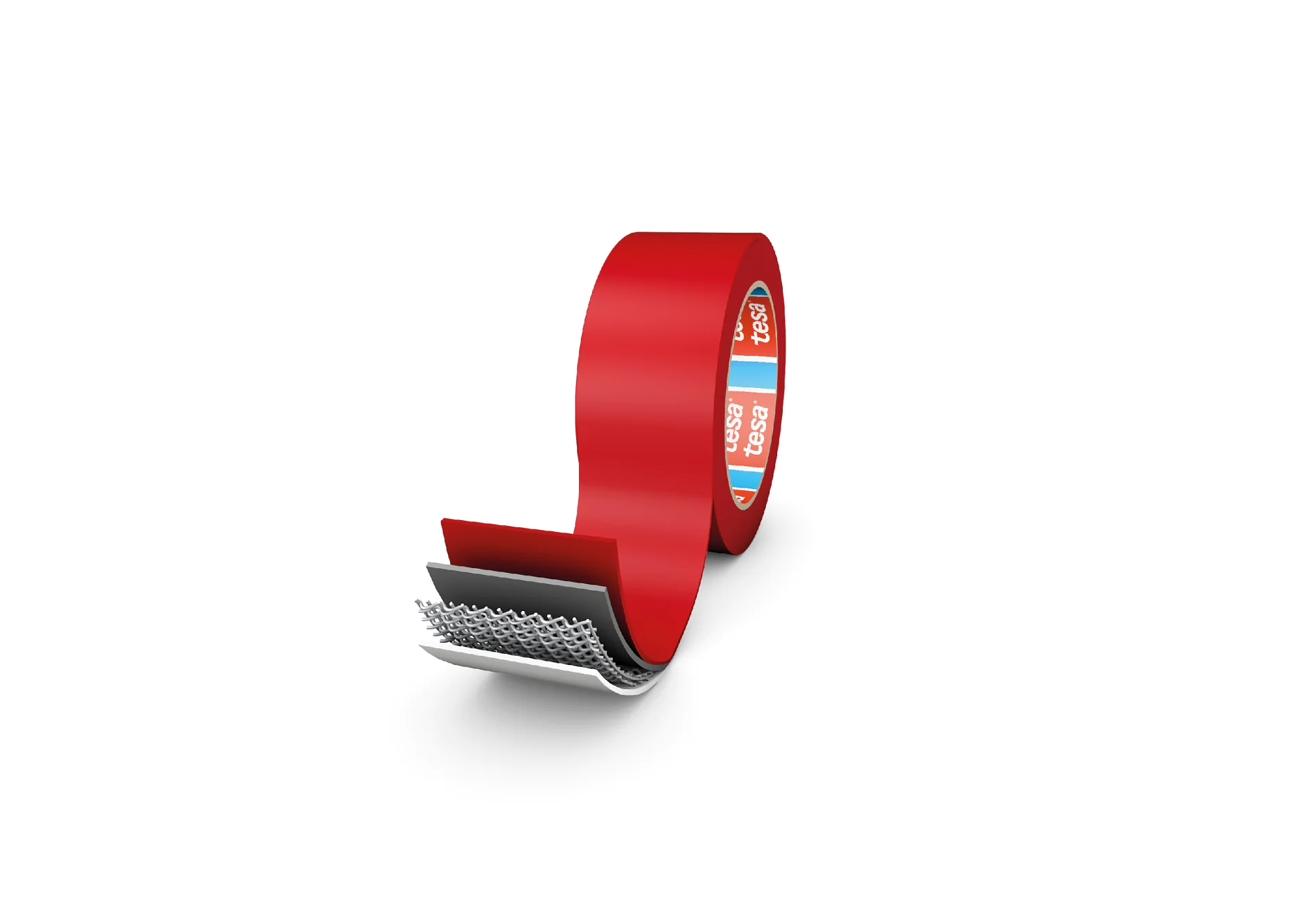 A roll of red adhesive tesa tape is partially unrolled, revealing a layered structure with a textured, mesh-like underside. The inside of the roll has a label with blue text on a red background. The image is set against a white background. (This text has been generated by AI)