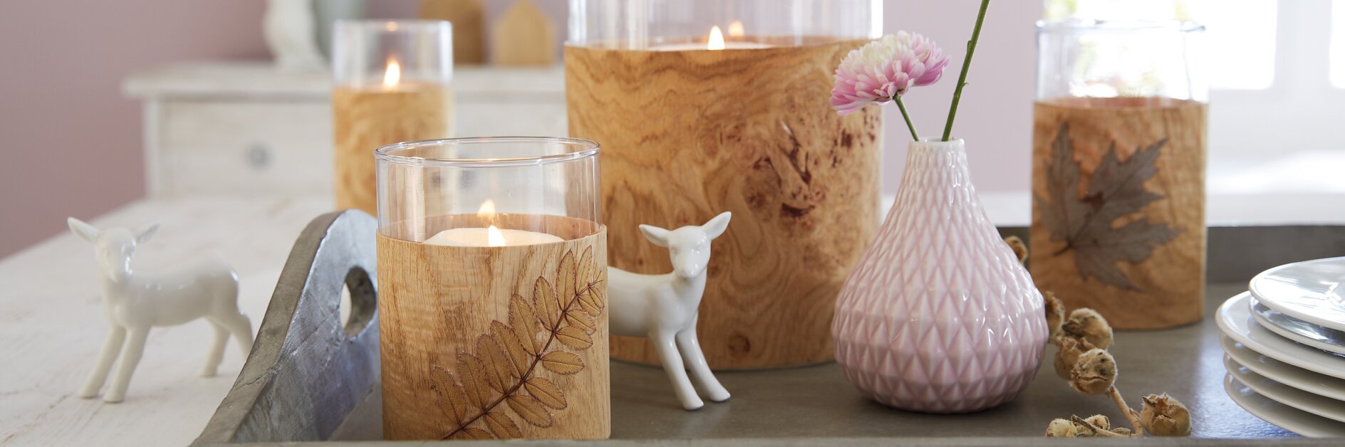 Hard to believe! Veneer and pressed leaves turn plain glass lanterns into beautifully unique ones.