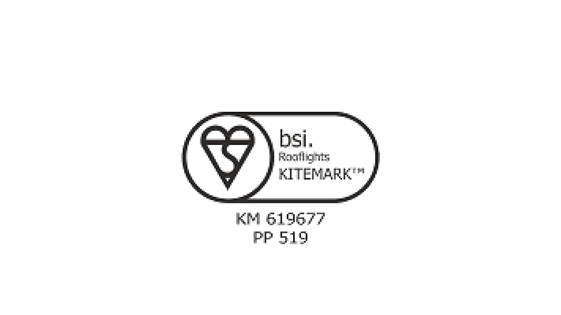 Black and white BSI Kitemark logo for rooflights, enclosed in an oval shape. Below it are the codes KM 619677 and PP 519. (This text has been generated by AI)