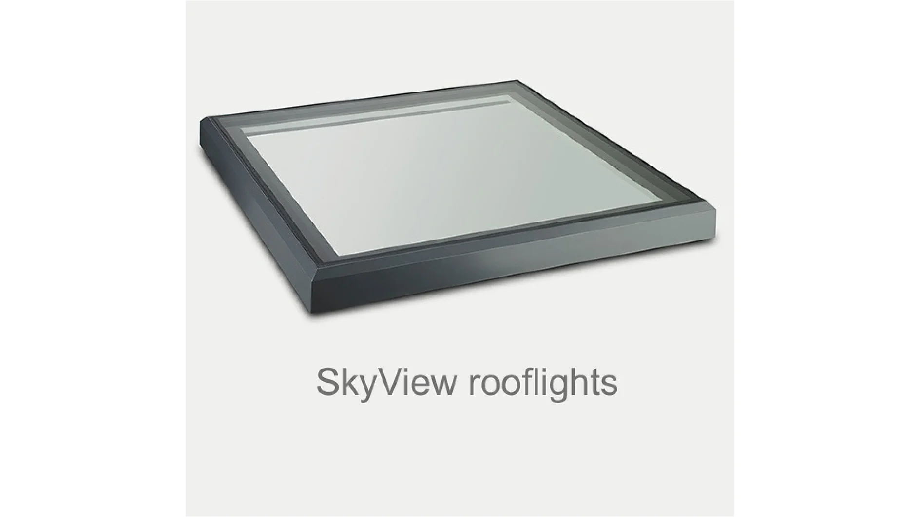 A square, flat rooflight with a sleek black frame is set against a plain white background. The text SkyView rooflights appears below the image in gray letters. (This text has been generated by AI)