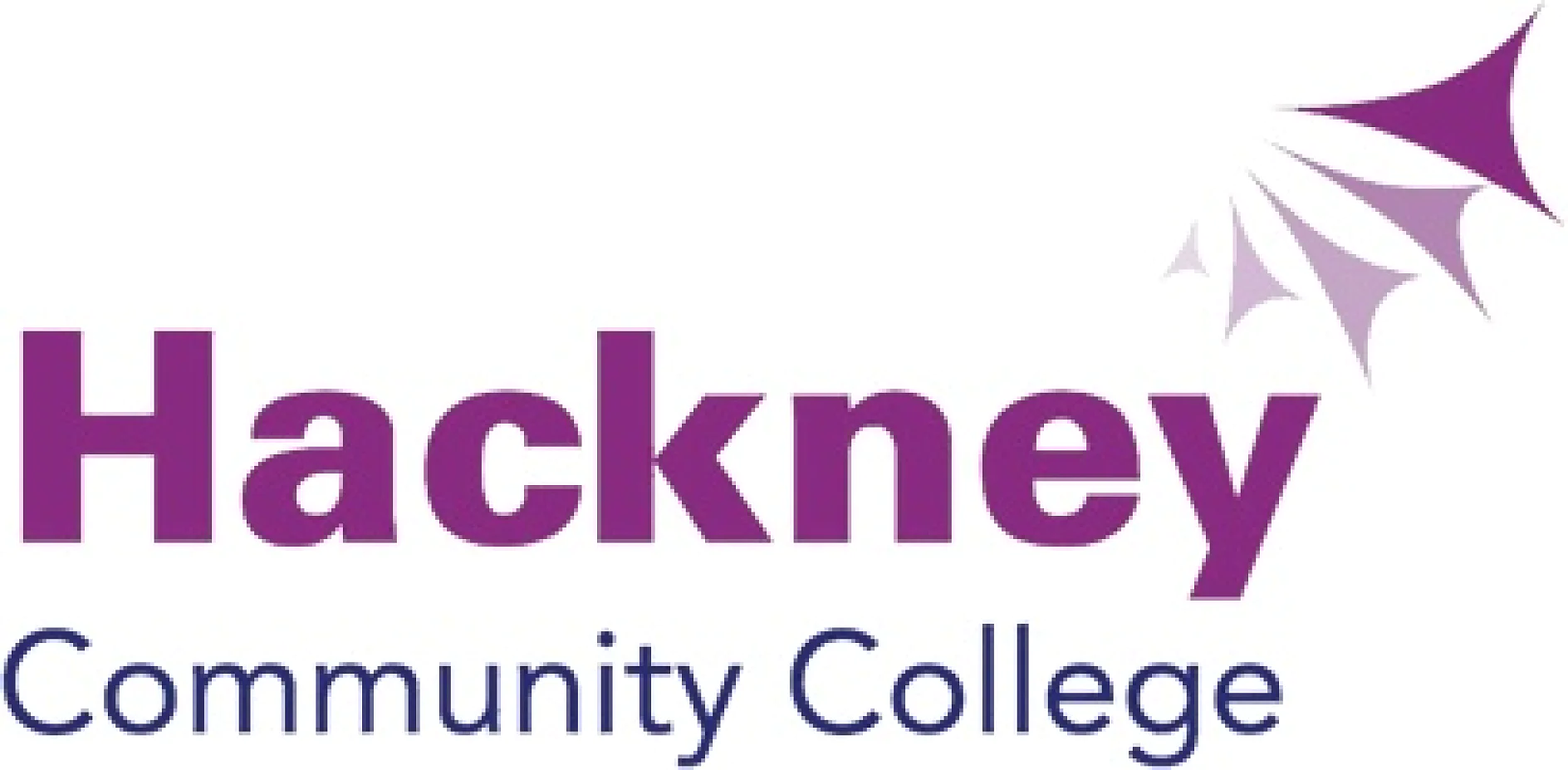 Logo of Hackney Community College featuring the name in purple text. A series of purple and lavender triangular shapes on the top right resemble abstract leaves or bursts. The background is white. (This text has been generated by AI)