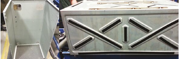 Two metal structures are shown. The left image displays an L-shaped metal panel with cutouts and legs, secured with tesa tape. The right image showcases a rectangular metal piece with diagonal and vertical grooves, also held firmly in place by tesa tape. Both structures rest on a blue surface. (This text has been generated by AI)