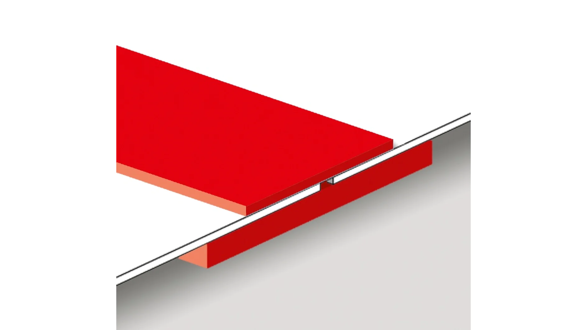 A digital illustration showing a red rectangular panel sliding over a white rectangular surface. Another red piece is visible below, joining both elements with tesa tape. The background is plain white. (This text has been generated by AI)